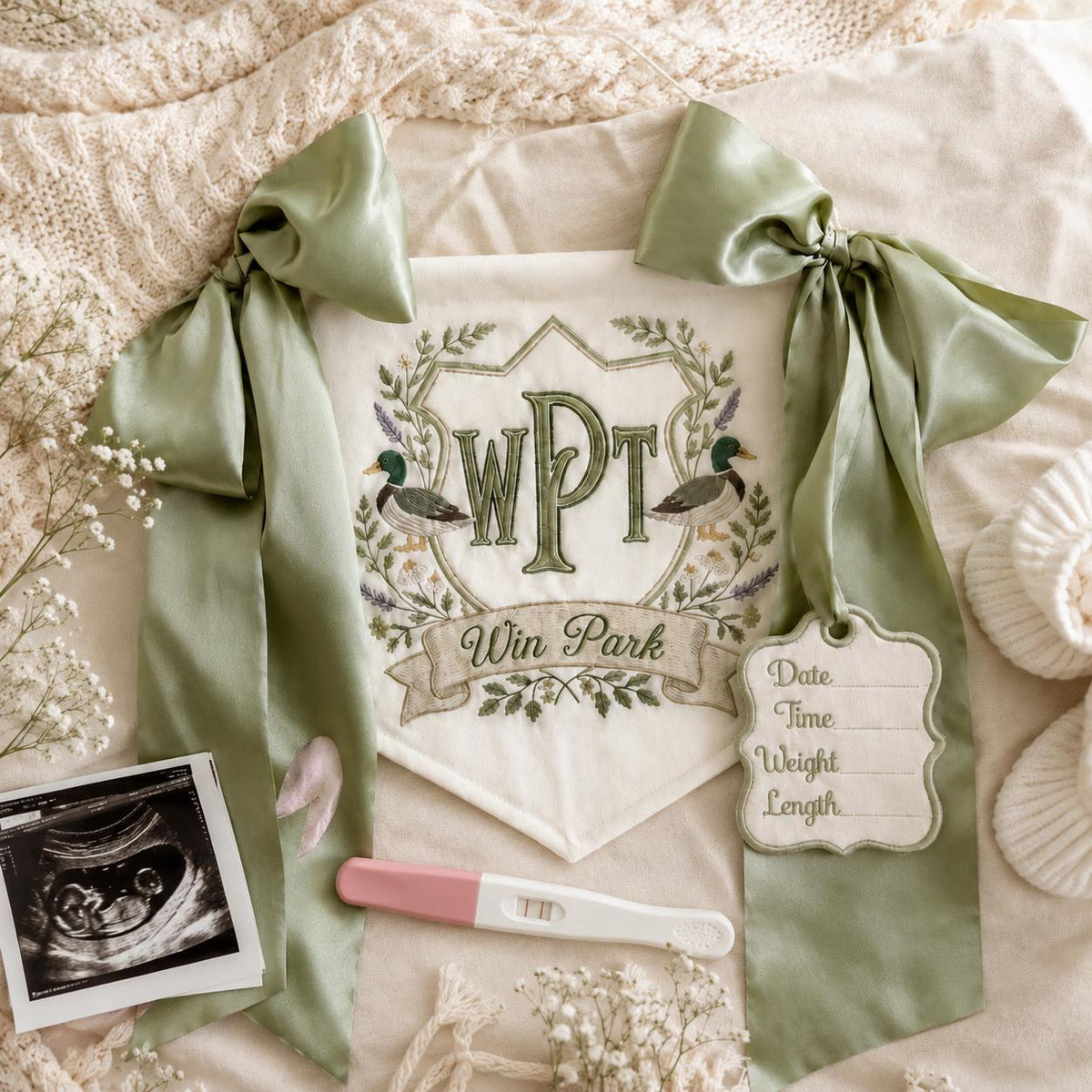 Personalized Duck Monogram Door Banner, Sage Green Satin Bow, Embroidered Nursery Name Sign, Hospital Door Sign, Nursery Decor, Baby Shower