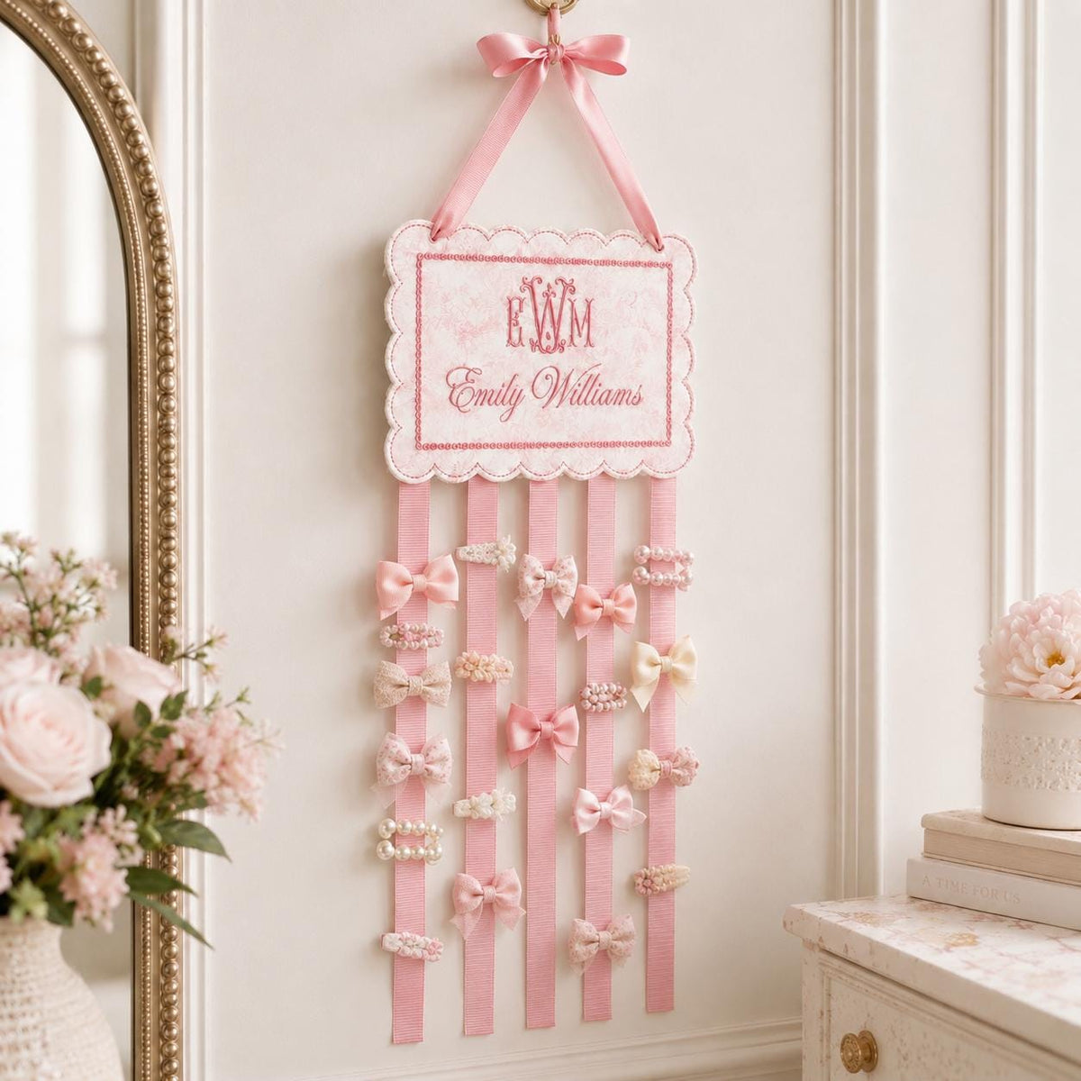 Personalized Baby Girl Bow Holder, Embroidered Monogram Hair Bow Organizer, Custom Name Hair Clip, Nursery Wall Decor, Toddler Room Decor