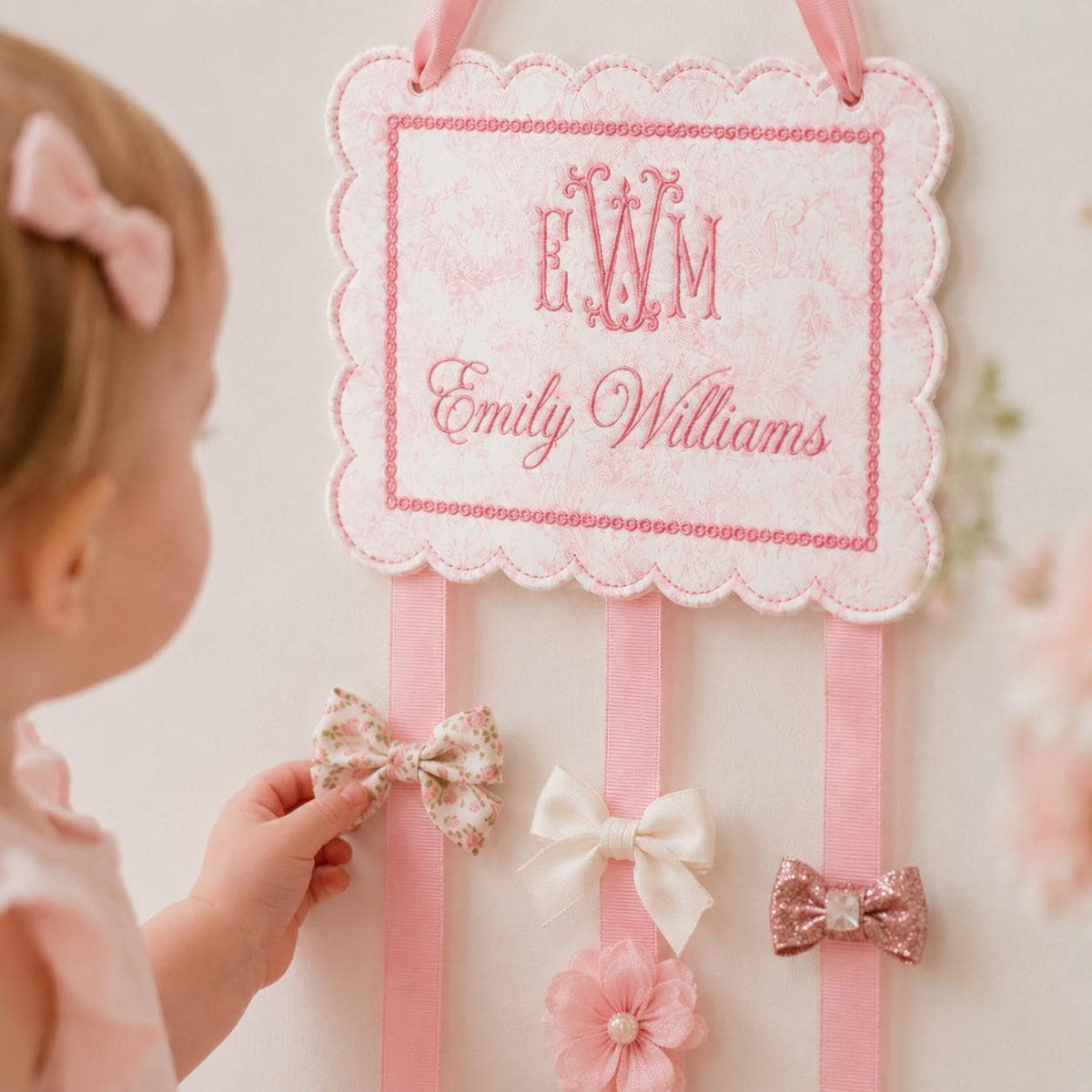 Personalized Baby Girl Bow Holder, Embroidered Monogram Hair Bow Organizer, Custom Name Hair Clip, Nursery Wall Decor, Toddler Room Decor