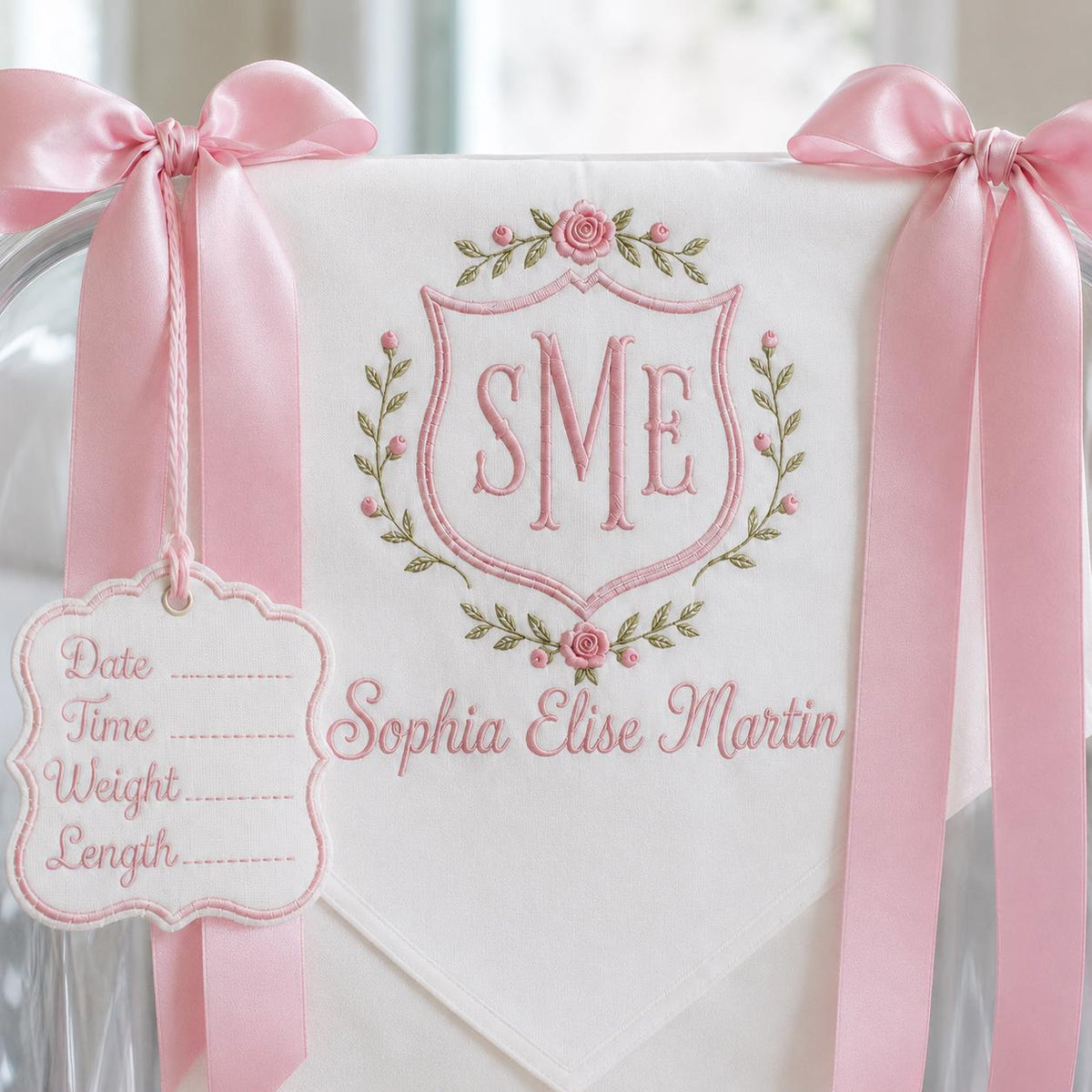 Custom Baby Banner with Birth Name Tag, Welcome Banner with Floral Crest, Bows Baby Banner, Hospital Door Sign, Baby Shower Gifts