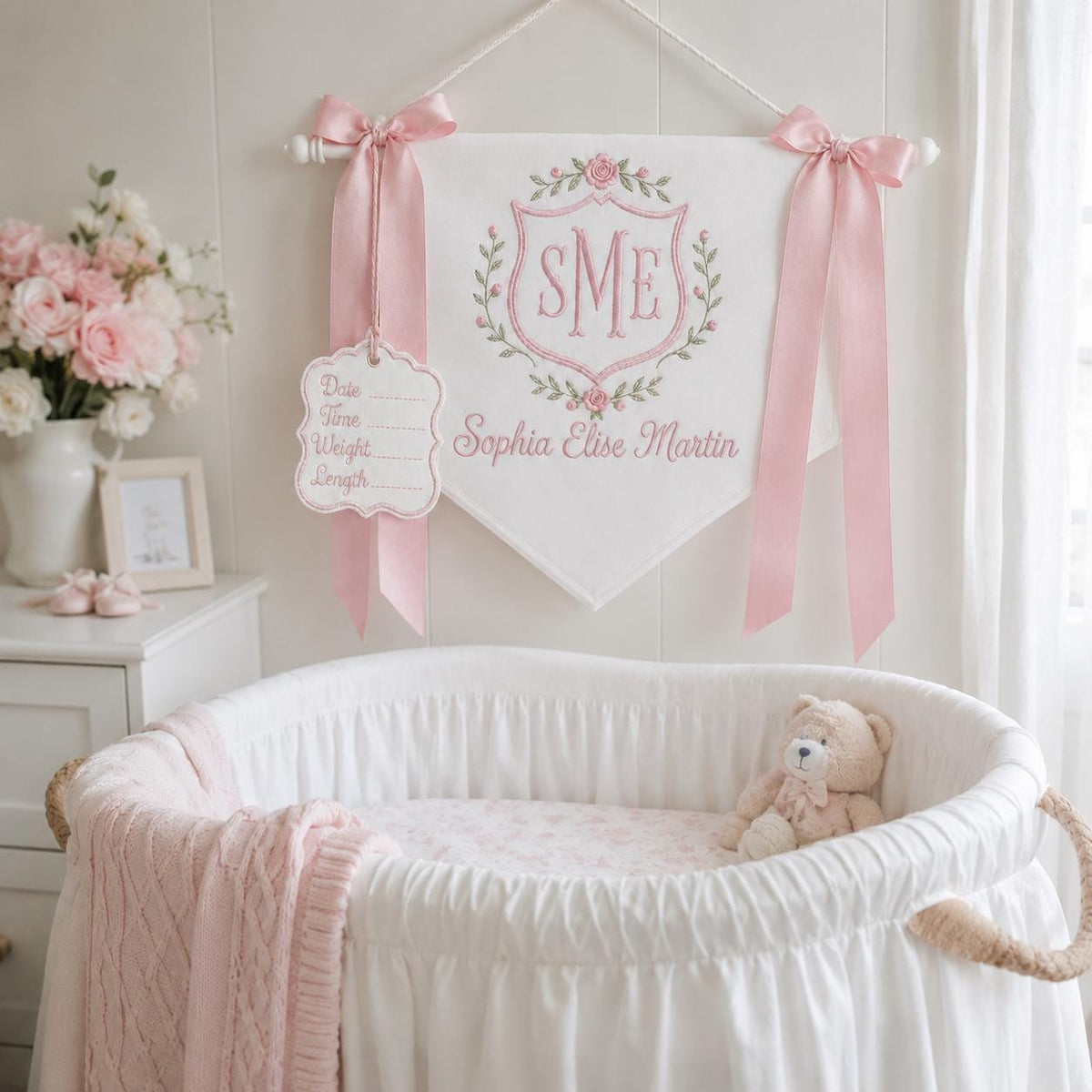 Custom Baby Banner with Birth Name Tag, Welcome Banner with Floral Crest, Bows Baby Banner, Hospital Door Sign, Baby Shower Gifts
