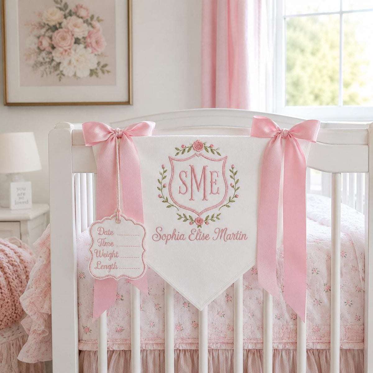 Custom Baby Banner with Birth Name Tag, Welcome Banner with Floral Crest, Bows Baby Banner, Hospital Door Sign, Baby Shower Gifts