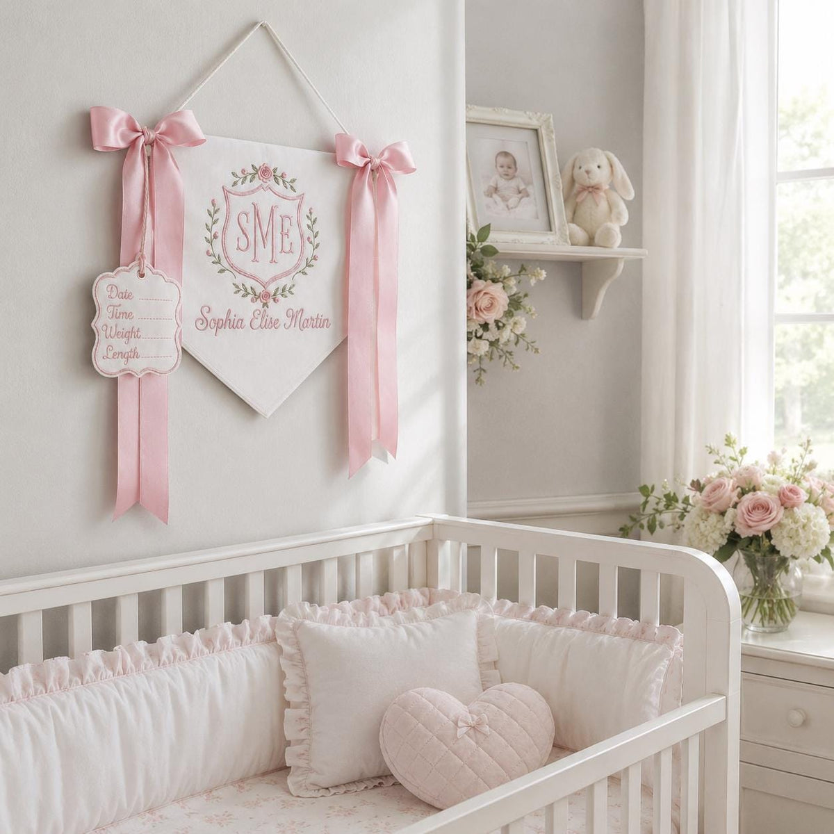 Custom Baby Banner with Birth Name Tag, Welcome Banner with Floral Crest, Bows Baby Banner, Hospital Door Sign, Baby Shower Gifts