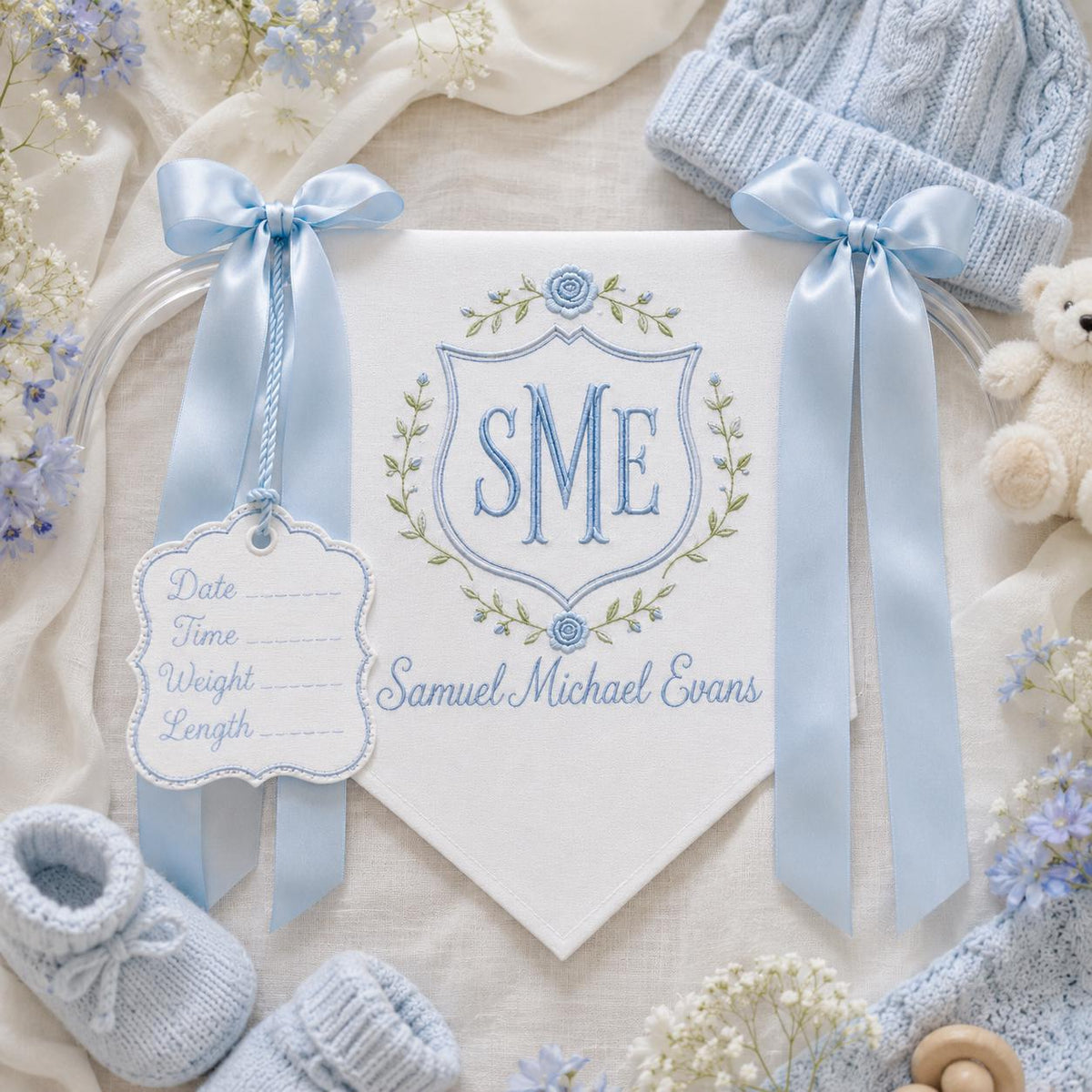 Custom Baby Banner with Birth Name Tag, Welcome Banner with Floral Crest, Bows Baby Banner, Hospital Door Sign, Baby Shower Gifts