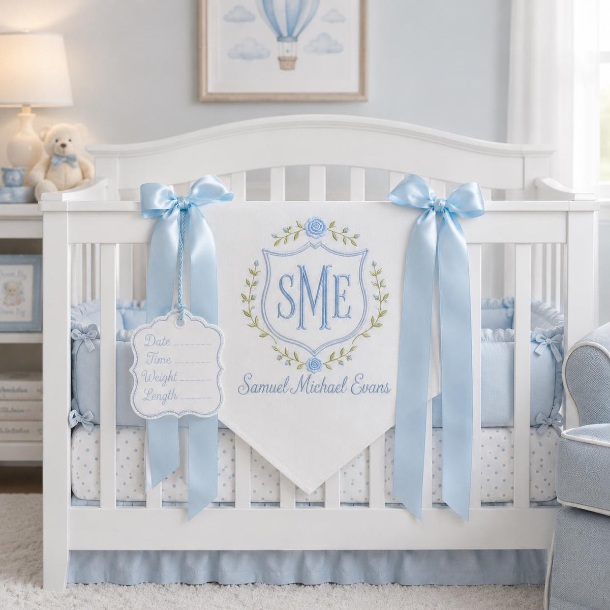 Custom Baby Banner with Birth Name Tag, Welcome Banner with Floral Crest, Bows Baby Banner, Hospital Door Sign, Baby Shower Gifts