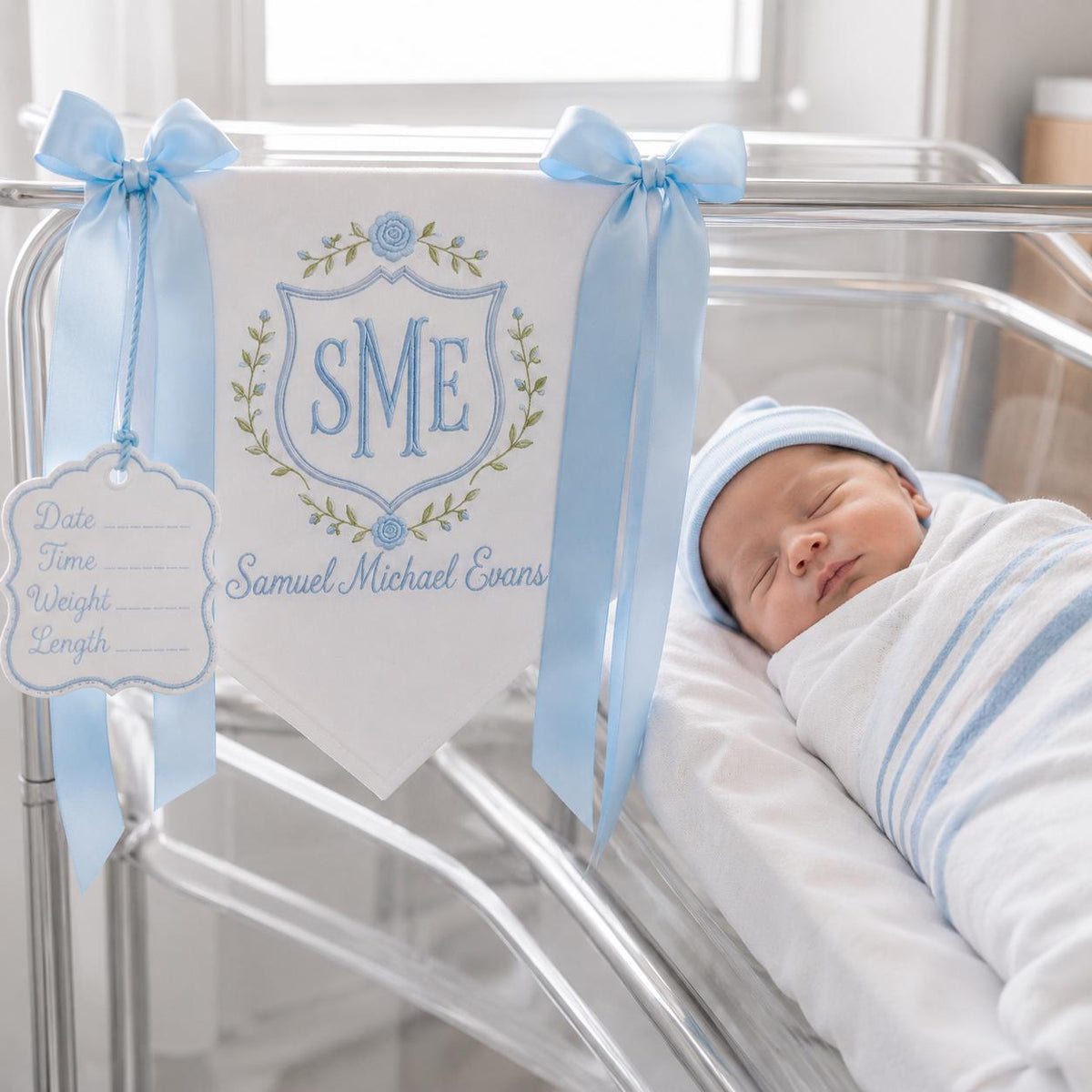 Custom Baby Banner with Birth Name Tag, Welcome Banner with Floral Crest, Bows Baby Banner, Hospital Door Sign, Baby Shower Gifts