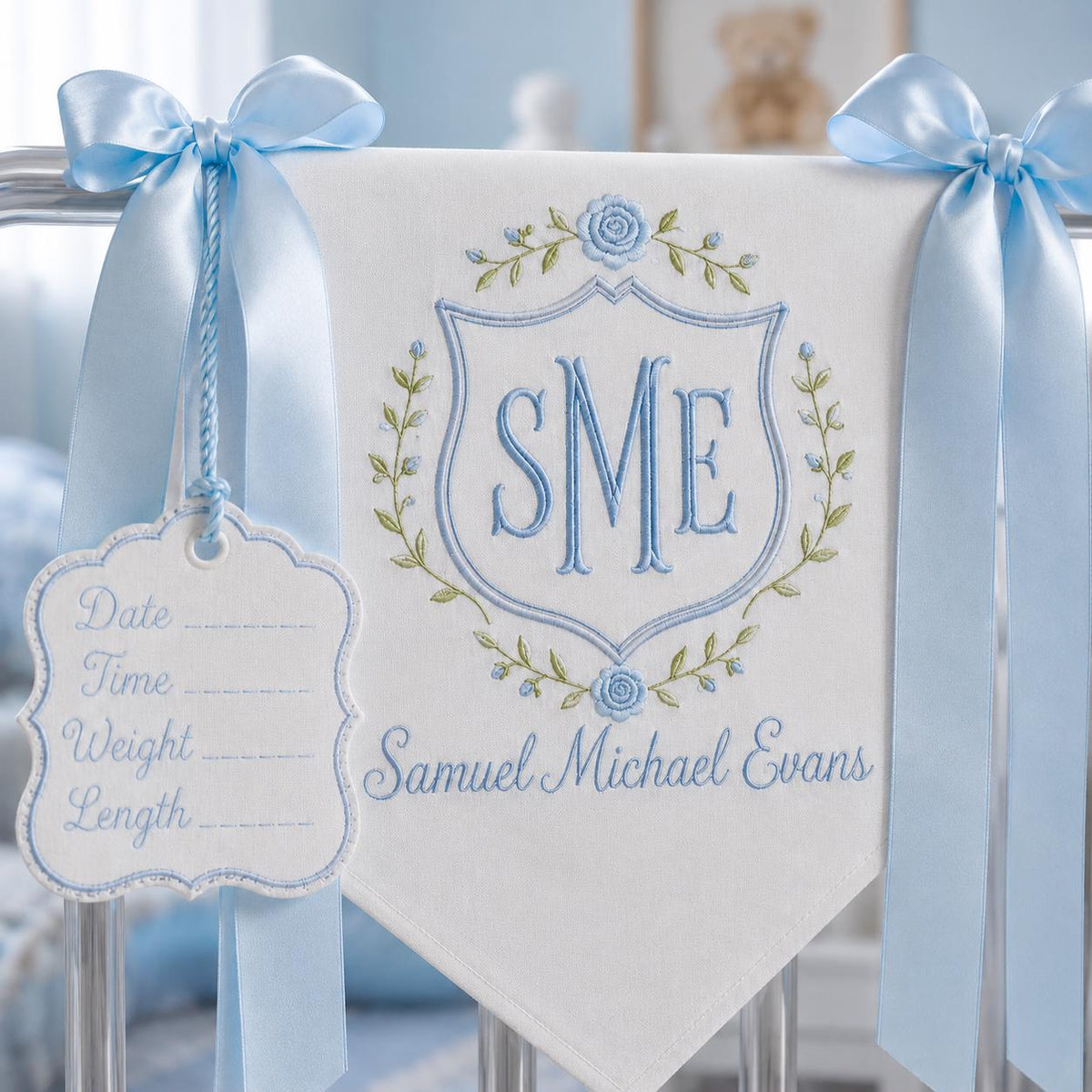 Custom Baby Banner with Birth Name Tag, Welcome Banner with Floral Crest, Bows Baby Banner, Hospital Door Sign, Baby Shower Gifts