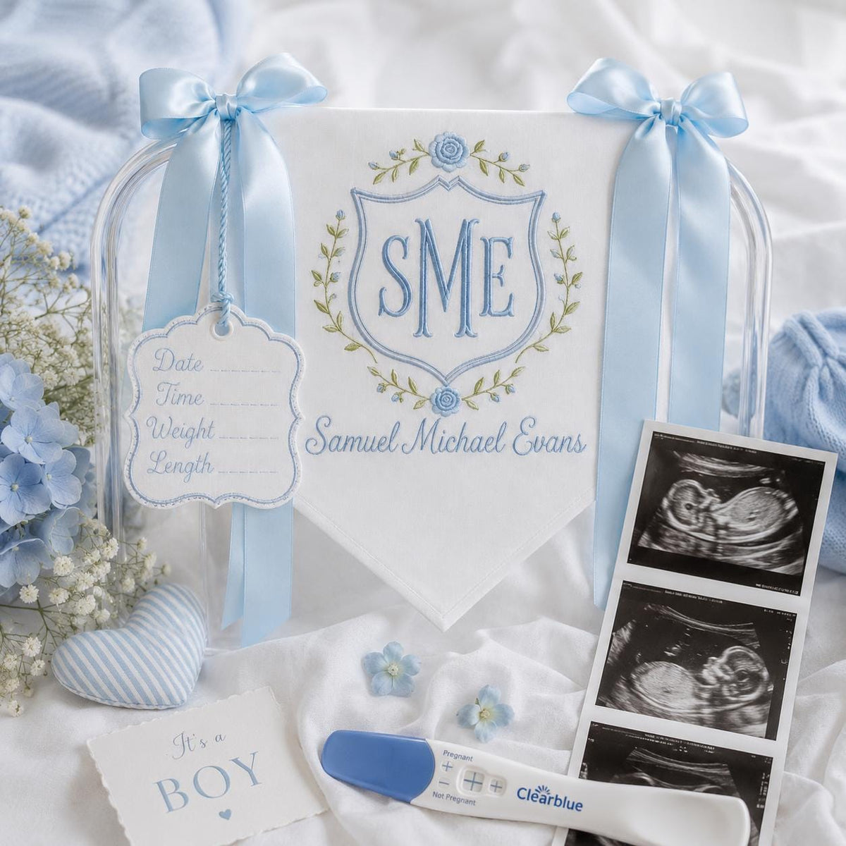 Custom Baby Banner with Birth Name Tag, Welcome Banner with Floral Crest, Bows Baby Banner, Hospital Door Sign, Baby Shower Gifts