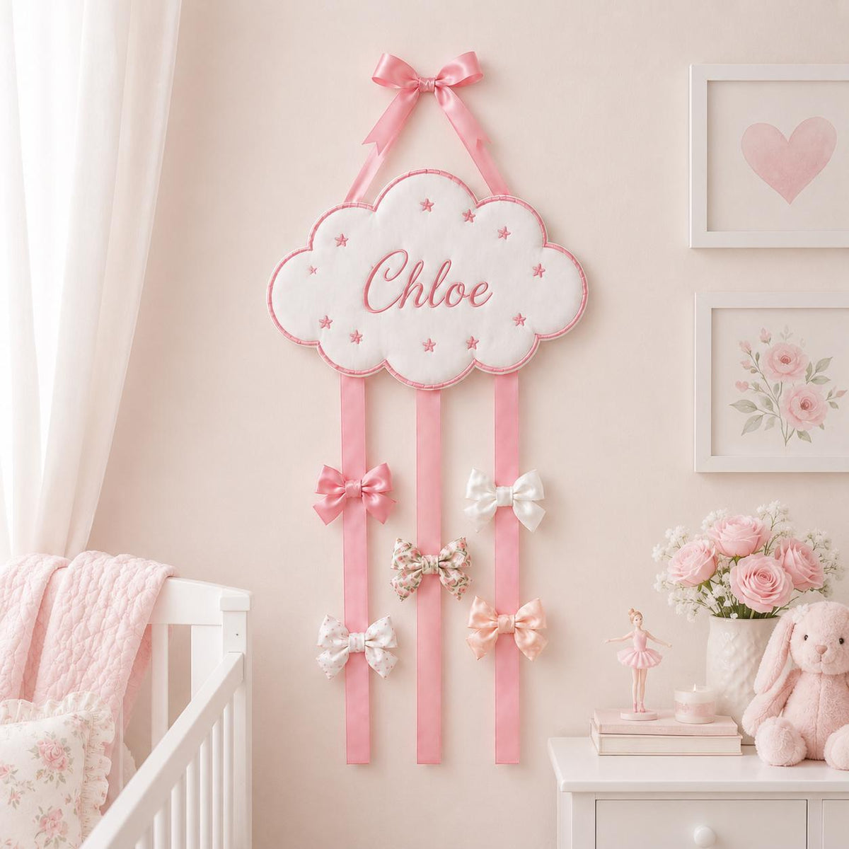 Personalized Bow Holder Embroidered Cloud Hair Bow Organizer