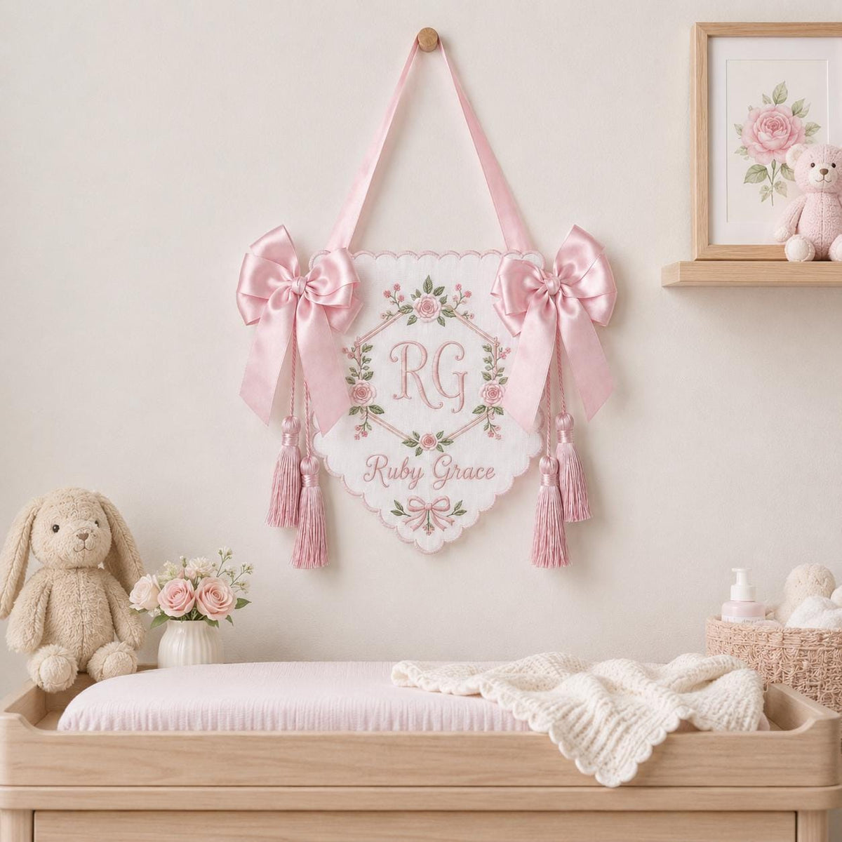 Personalized Newborn Banner with Tassels, Embroidered Baby Name Sign, Hospital Bassinet Decor, Floral Monogram Sign, Baby Shower Gift