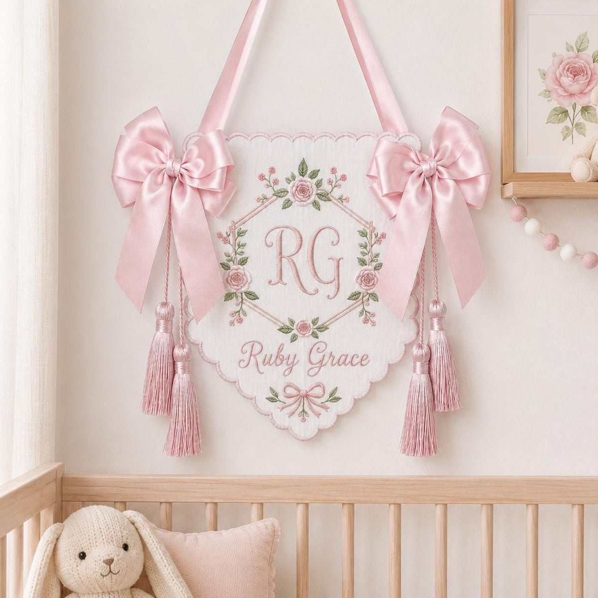 Personalized Newborn Banner with Tassels, Embroidered Baby Name Sign, Hospital Bassinet Decor, Floral Monogram Sign, Baby Shower Gift