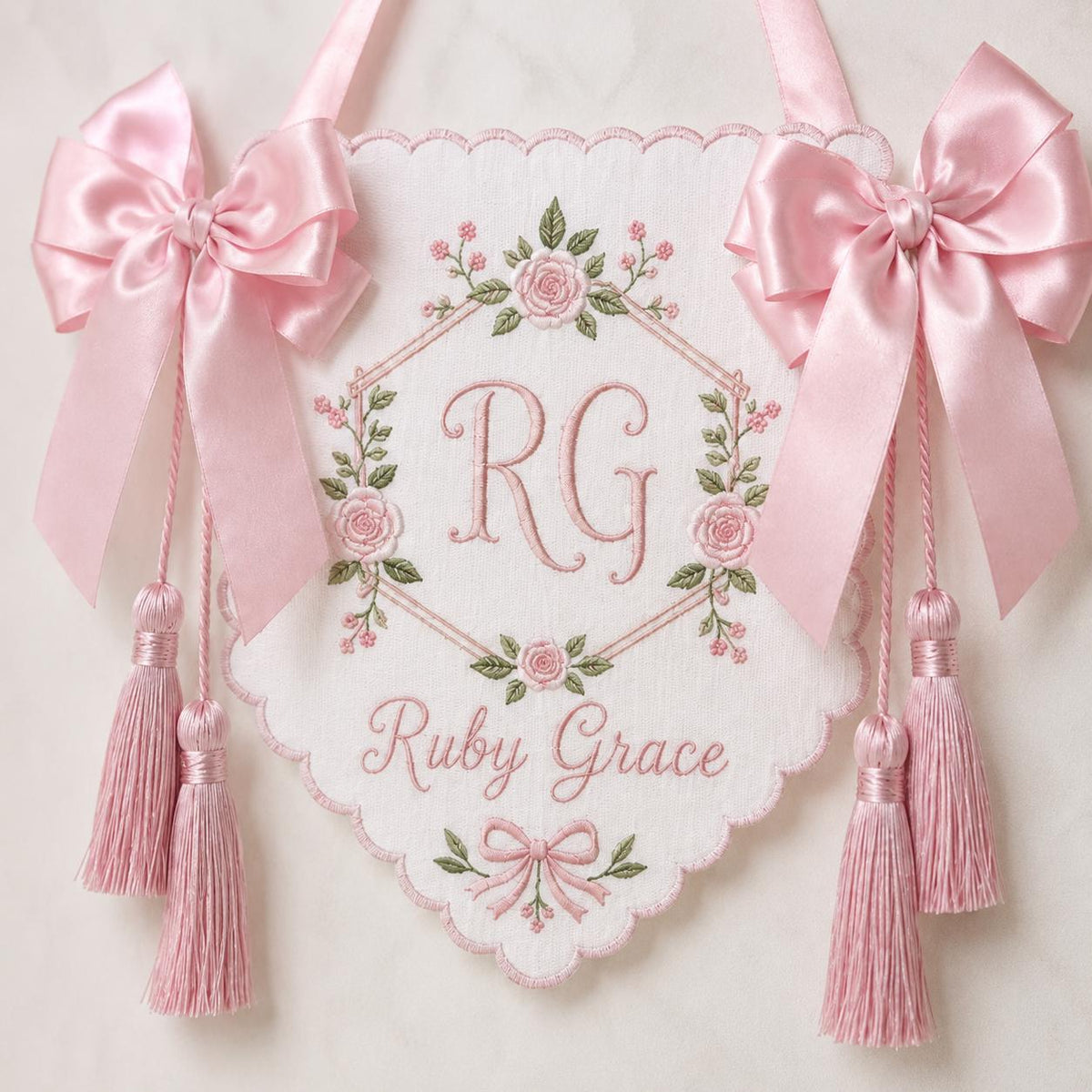 Personalized Newborn Banner with Tassels, Embroidered Baby Name Sign, Hospital Bassinet Decor, Floral Monogram Sign, Baby Shower Gift