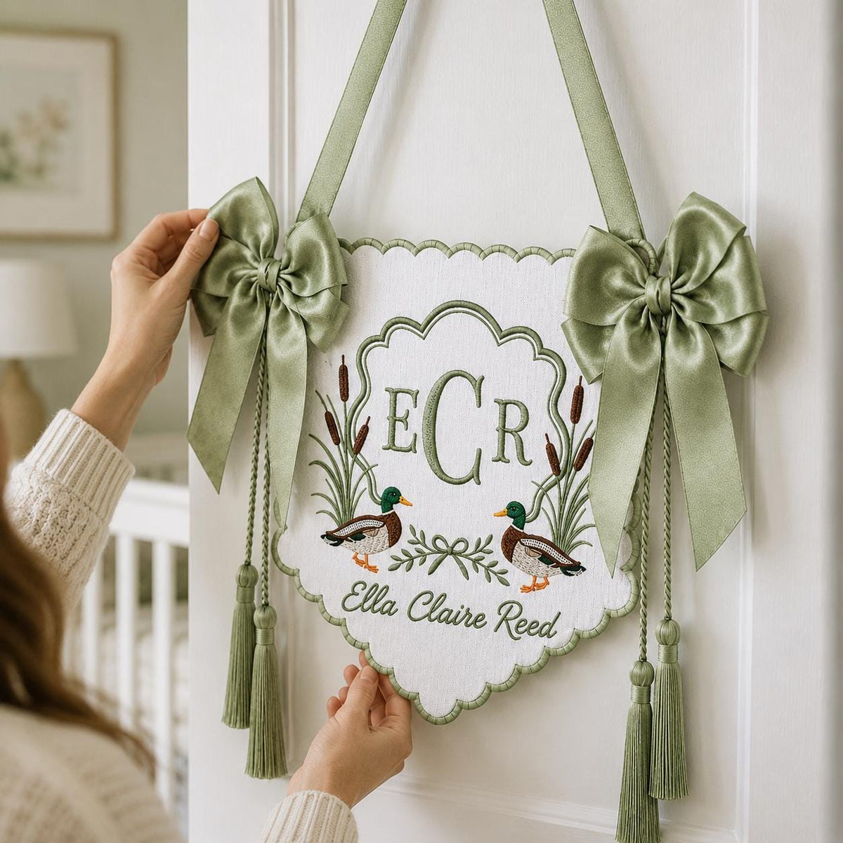 Embroidered Duck Baby Banner, Custom Name Nursery Sign with Tassels, Baby Shower Gift for Boy, Hospital Đoor Hanger Boy, Baby Banner
