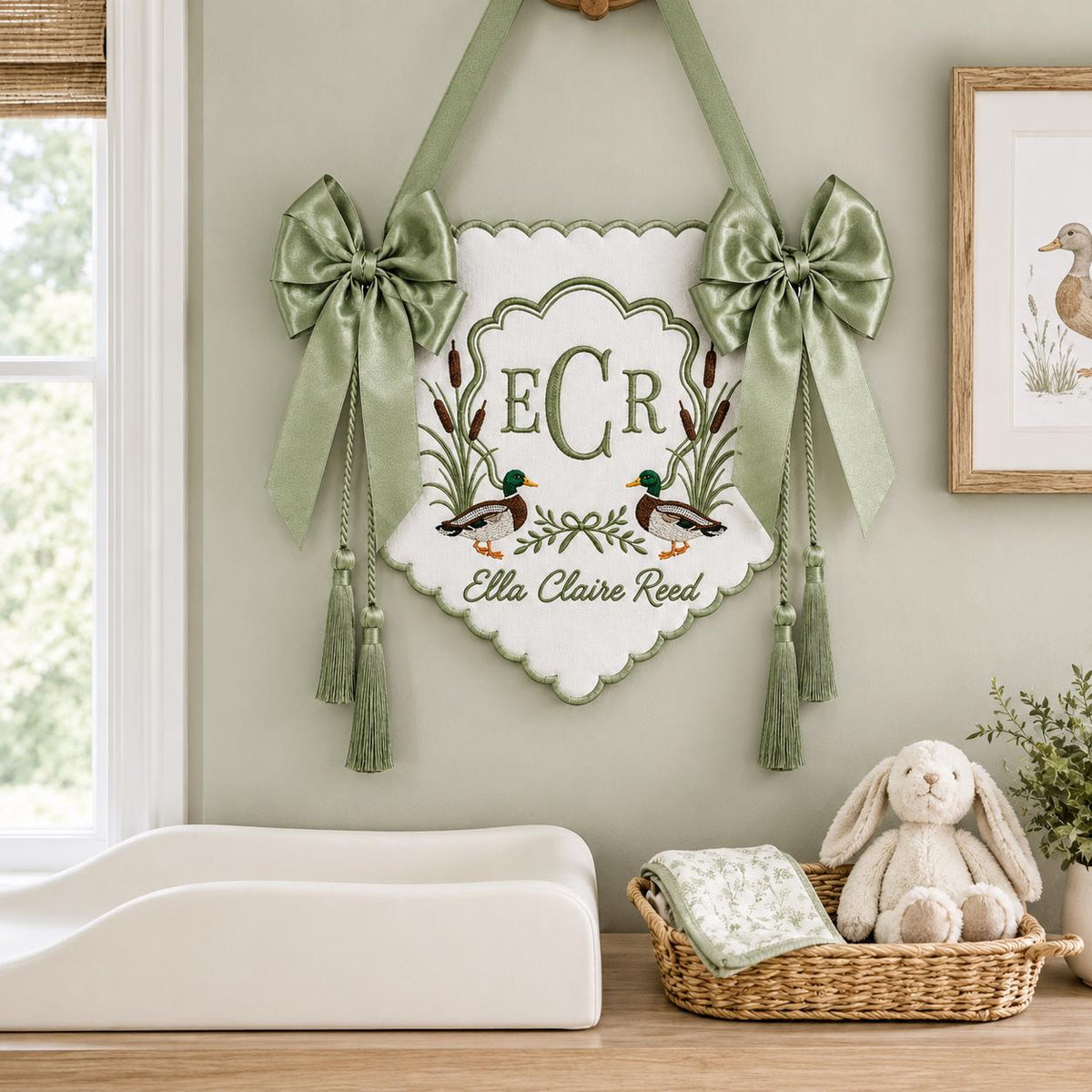 Embroidered Duck Baby Banner, Custom Name Nursery Sign with Tassels, Baby Shower Gift for Boy, Hospital Đoor Hanger Boy, Baby Banner