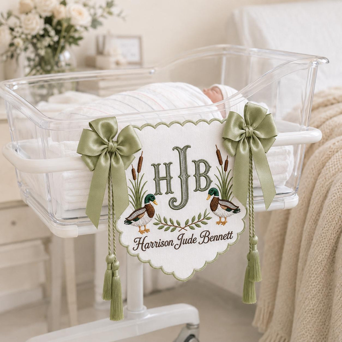Personalized Baby Bassinet Banner, Embroidered Duck Name Sign, Custom Monogram Hospital Crib Decor, Custom Nursery Keepsake