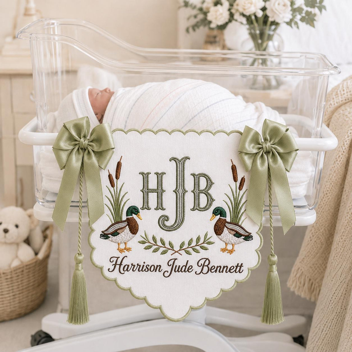 Personalized Baby Bassinet Banner, Embroidered Duck Name Sign, Custom Monogram Hospital Crib Decor, Custom Nursery Keepsake