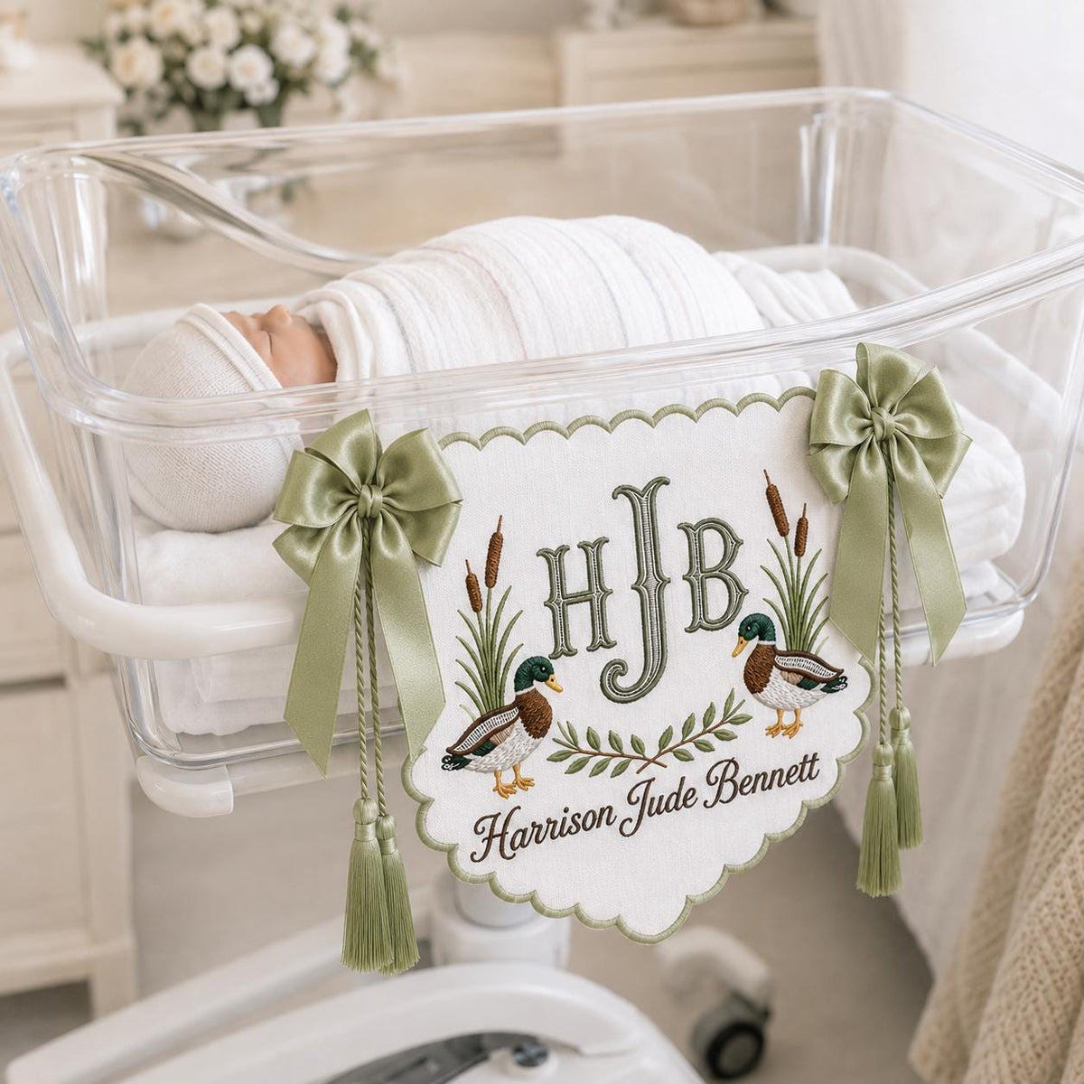 Personalized Baby Bassinet Banner, Embroidered Duck Name Sign, Custom Monogram Hospital Crib Decor, Custom Nursery Keepsake