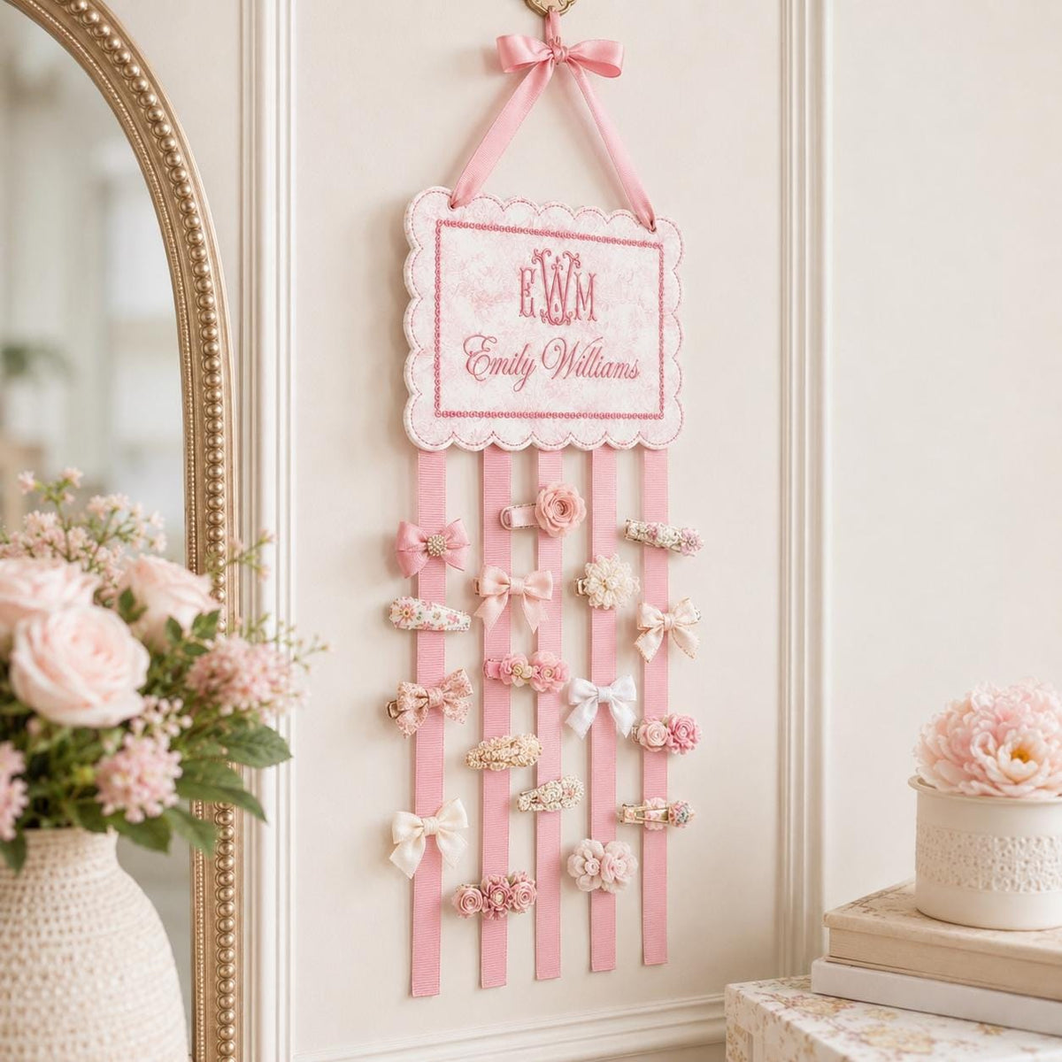 Personalized Baby Girl Bow Holder, Embroidered Monogram Hair Bow Organizer, Custom Name Hair Clip, Nursery Wall Decor, Toddler Room Decor