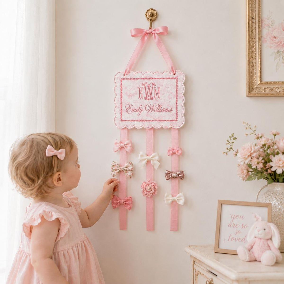 Personalized Baby Girl Bow Holder, Embroidered Monogram Hair Bow Organizer, Custom Name Hair Clip, Nursery Wall Decor, Toddler Room Decor