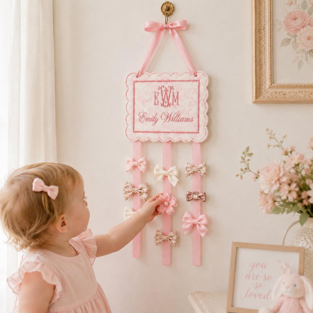 Personalized Baby Girl Bow Holder, Embroidered Monogram Hair Bow Organizer, Custom Name Hair Clip, Nursery Wall Decor, Toddler Room Decor
