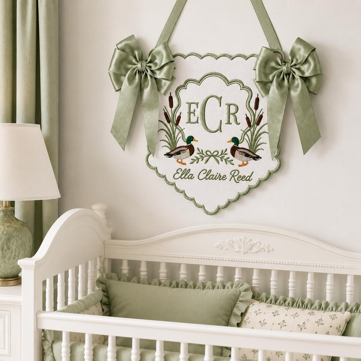 Embroidered Mallard Duck Baby Banner, Custom Newborn Announcement Sign, Hospital Bassinet Decor, Birth Stats Sign, Duck Nursery Baby Gift