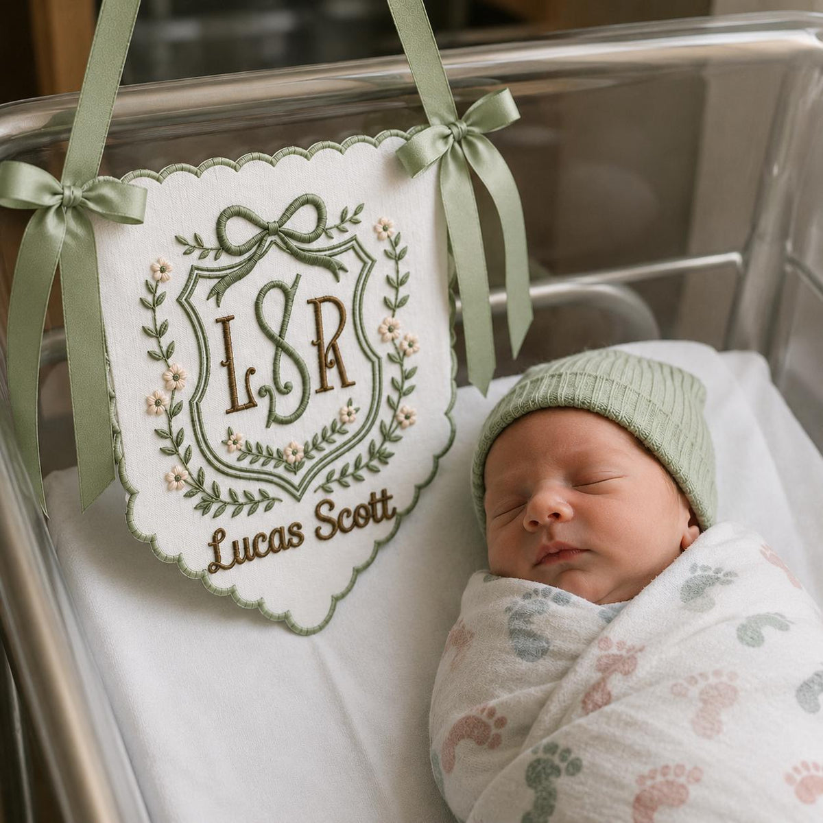 Personalized Floral Monogram Baby Banner, Newborn Announcement Sign, Hospital Bassinet Decor, Birth Stats Sign, Duck Nursery Baby Gift