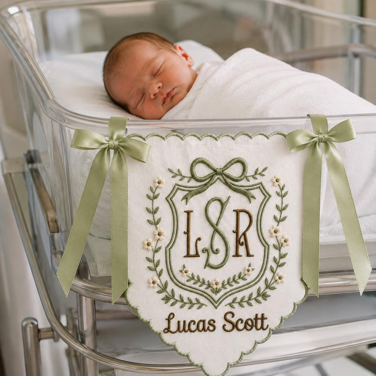 Personalized Floral Monogram Baby Banner, Newborn Announcement Sign, Hospital Bassinet Decor, Birth Stats Sign, Duck Nursery Baby Gift