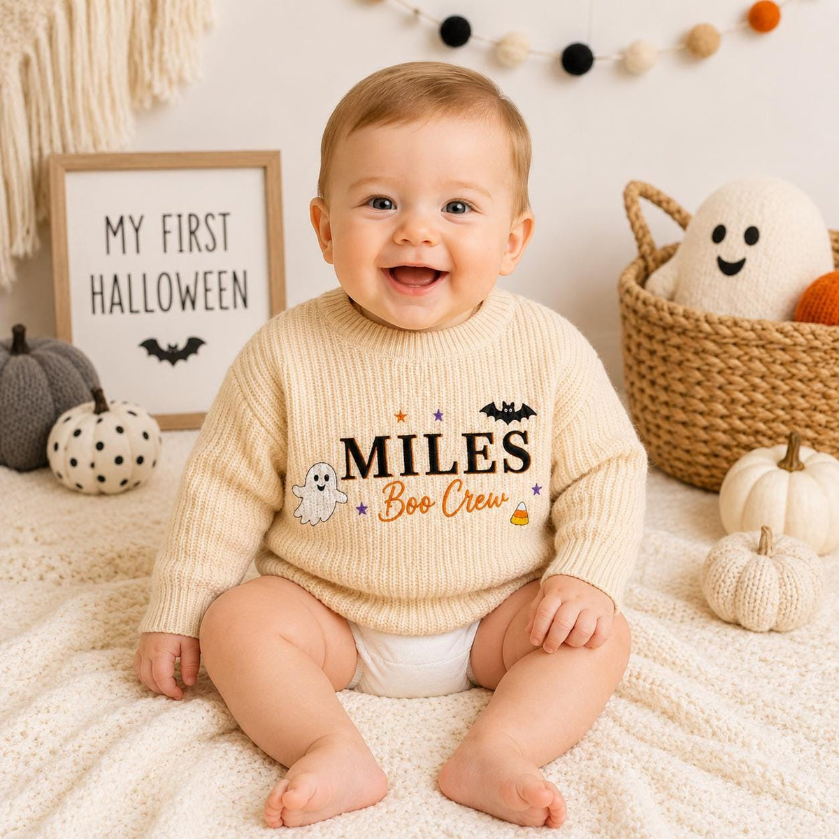 Boo Crew Halloween Baby Sweater, Personalized Name Embroidered Sweater, Baby Halloween Outfit, Pumpkin Ghost Gift, Baby Boy Halloween Outfit