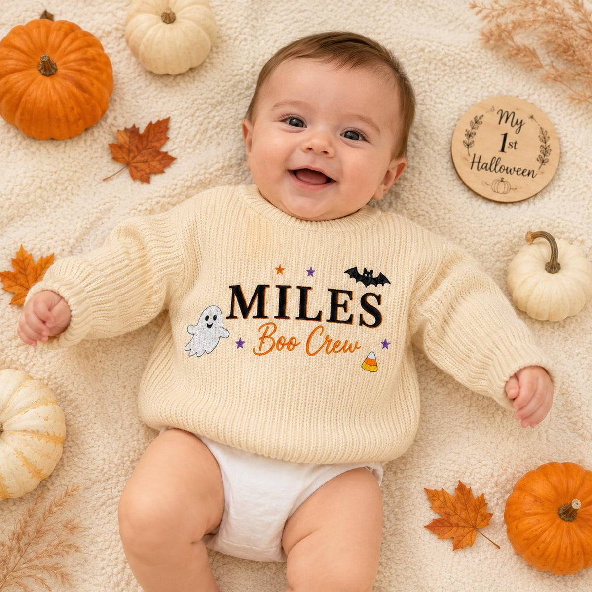 Boo Crew Halloween Baby Sweater, Personalized Name Embroidered Sweater, Baby Halloween Outfit, Pumpkin Ghost Gift, Baby Boy Halloween Outfit
