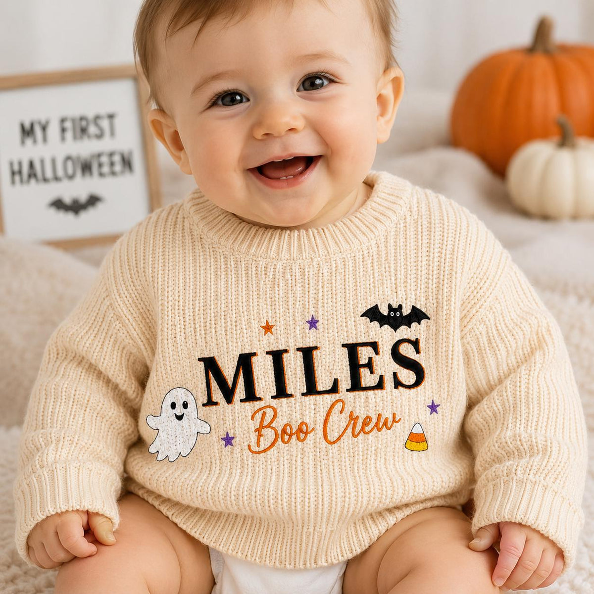 Boo Crew Halloween Baby Sweater, Personalized Name Embroidered Sweater, Baby Halloween Outfit, Pumpkin Ghost Gift, Baby Boy Halloween Outfit