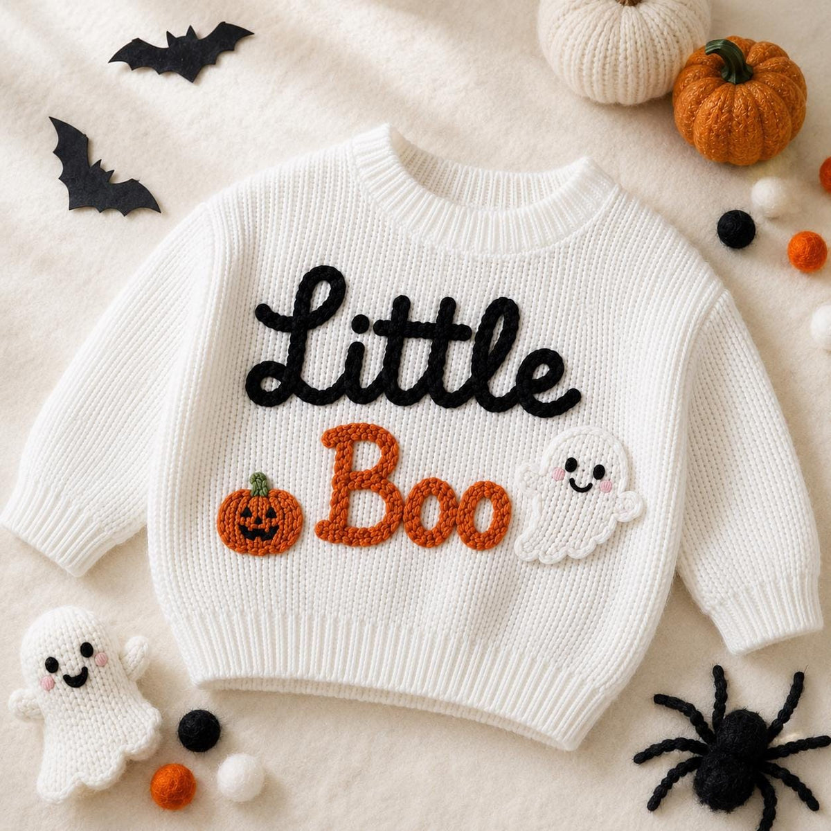 Pumpkin Ghost Little Boo Sweater, Hand Embroidered Baby Halloween, Halloween Outfit, Pumpkin Ghost Gift, Baby Boy Outfit