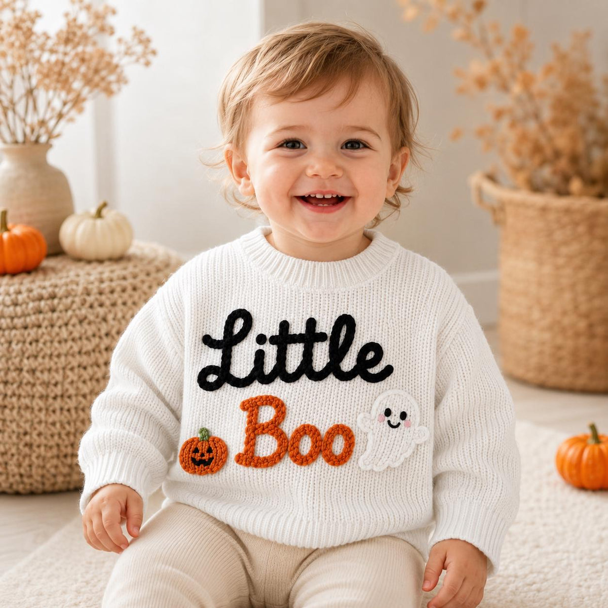 Pumpkin Ghost Little Boo Sweater, Hand Embroidered Baby Halloween, Halloween Outfit, Pumpkin Ghost Gift, Baby Boy Outfit