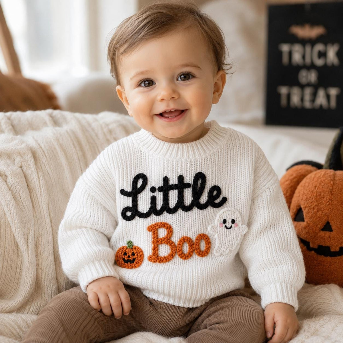 Pumpkin Ghost Little Boo Sweater, Hand Embroidered Baby Halloween, Halloween Outfit, Pumpkin Ghost Gift, Baby Boy Outfit