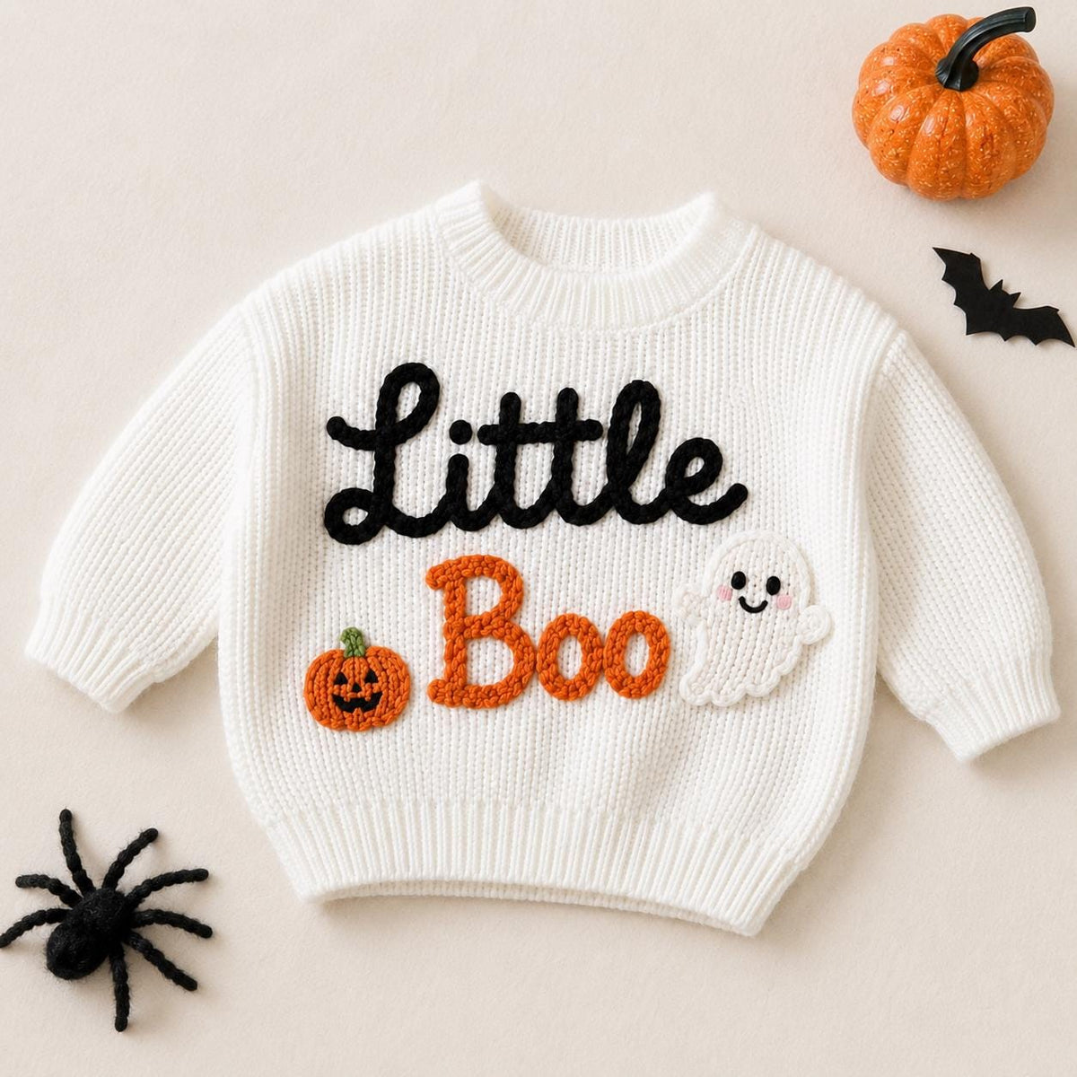 Pumpkin Ghost Little Boo Sweater, Hand Embroidered Baby Halloween, Halloween Outfit, Pumpkin Ghost Gift, Baby Boy Outfit