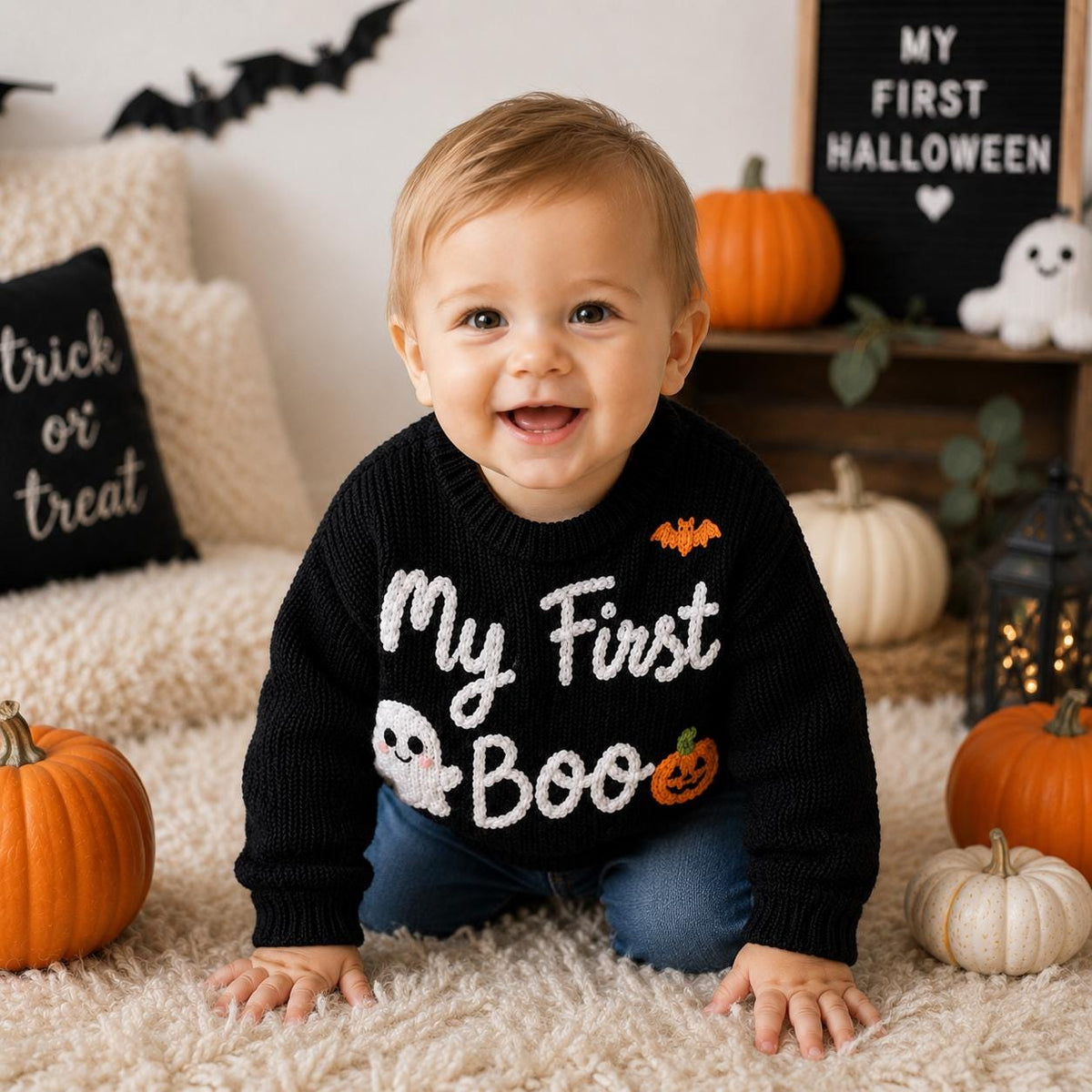 My First Boo Ghost Baby Sweater, Handmade Halloween Knit Sweater, Pumpkin Baby Outfit, Baby First Halloween Gift, Baby Keepsake Gift