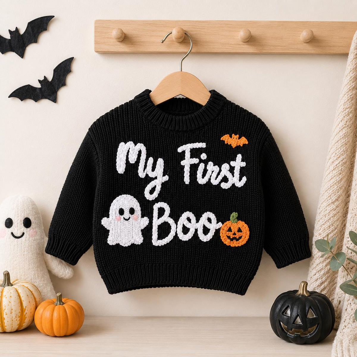 My First Boo Ghost Baby Sweater, Handmade Halloween Knit Sweater, Pumpkin Baby Outfit, Baby First Halloween Gift, Baby Keepsake Gift