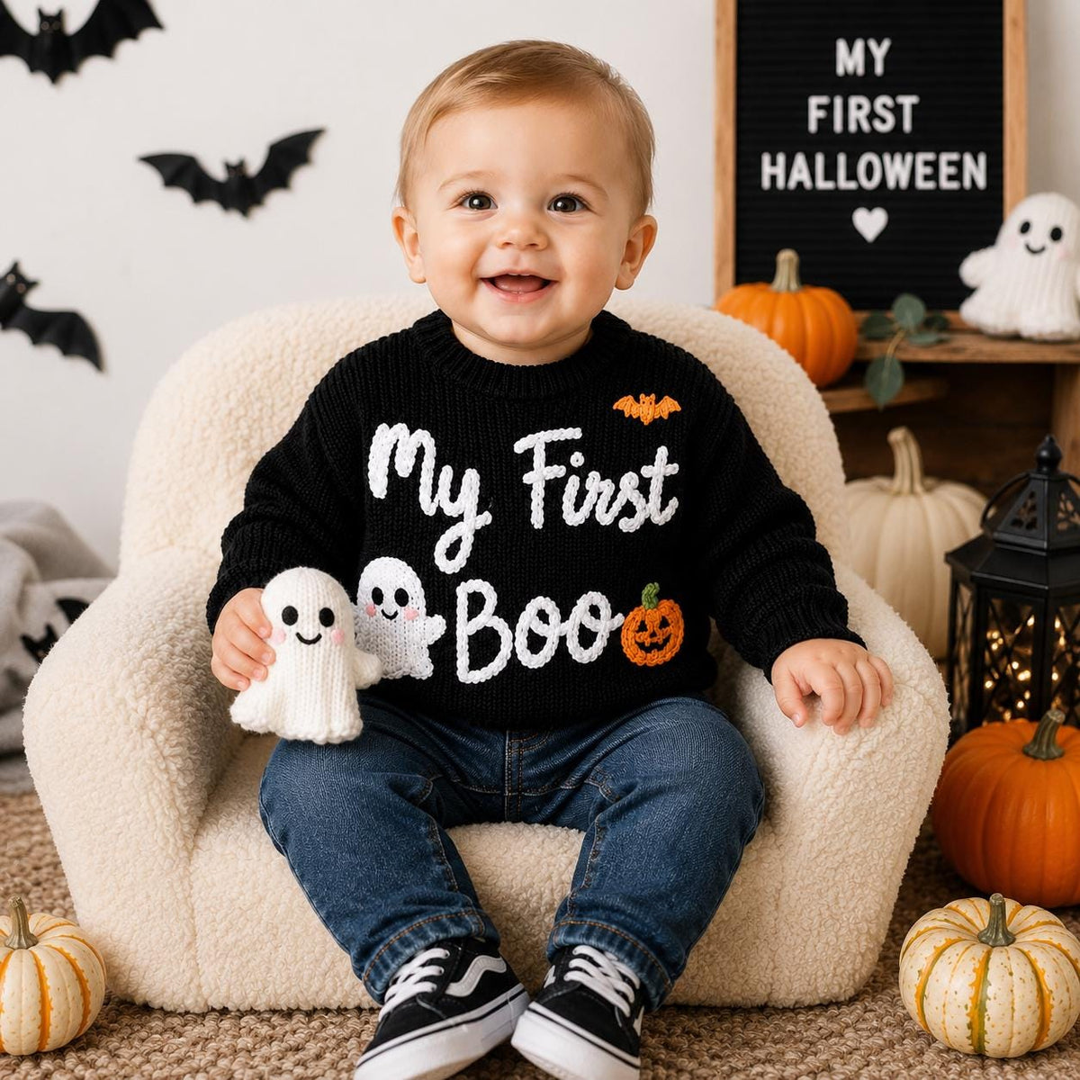 My First Boo Ghost Baby Sweater, Handmade Halloween Knit Sweater, Pumpkin Baby Outfit, Baby First Halloween Gift, Baby Keepsake Gift