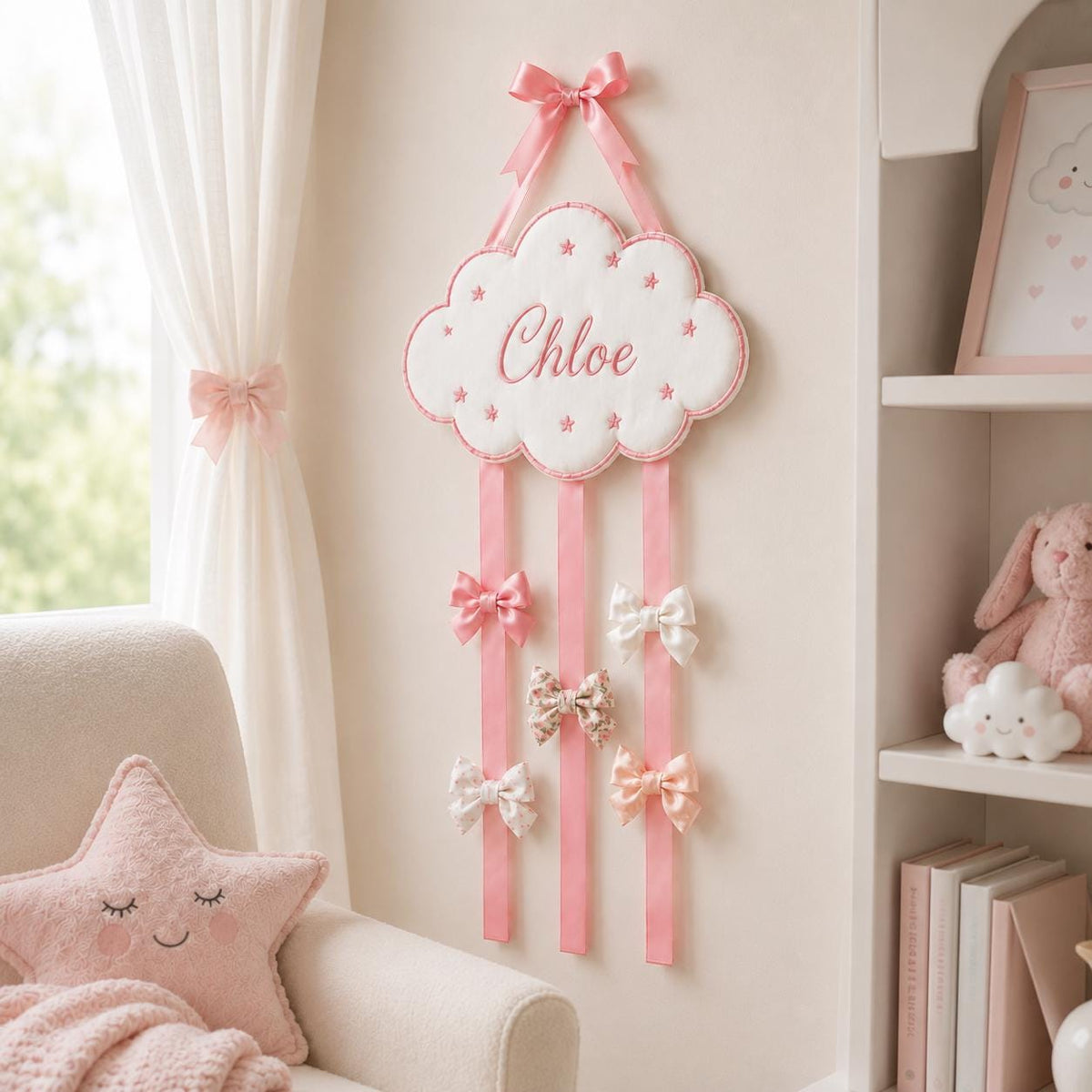 Personalized Bow Holder Embroidered Cloud Hair Bow Organizer