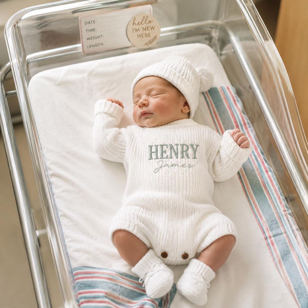 Embroidered Name Knit Romper, Personalized Newborn Coming Home Outfit, Baby Boy Hospital Outfit, Custom Baby Keepsake Gift