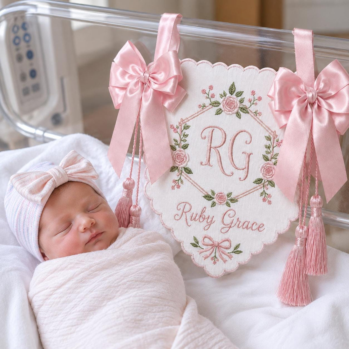 Personalized Newborn Banner with Tassels, Embroidered Baby Name Sign, Hospital Bassinet Decor, Floral Monogram Sign, Baby Shower Gift