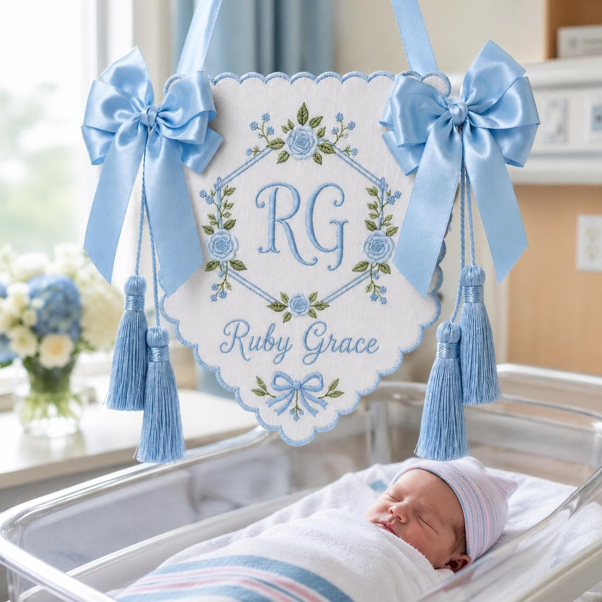 Personalized Newborn Banner with Tassels, Embroidered Baby Name Sign, Hospital Bassinet Decor, Floral Monogram Sign, Baby Shower Gift