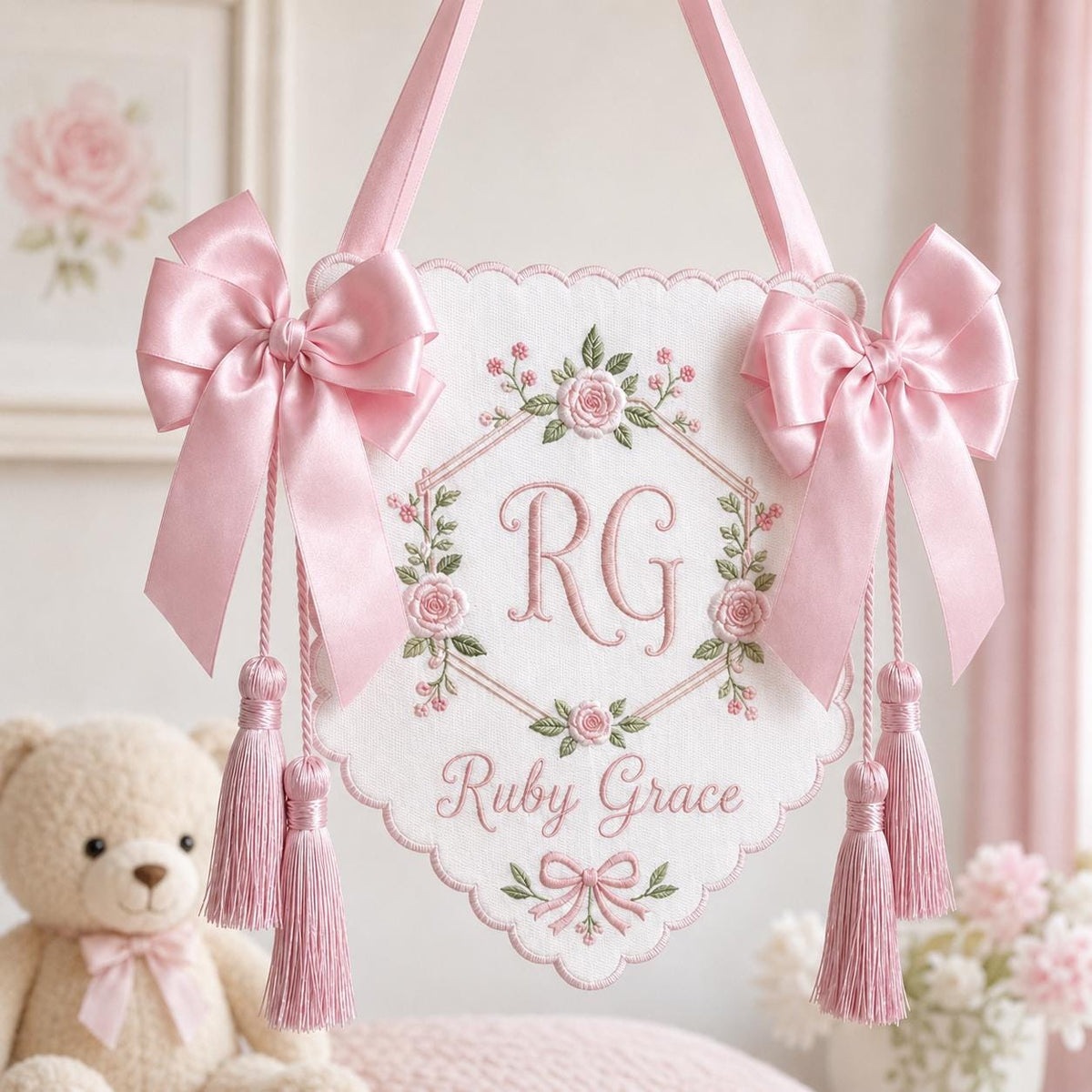 Personalized Newborn Banner with Tassels, Embroidered Baby Name Sign, Hospital Bassinet Decor, Floral Monogram Sign, Baby Shower Gift