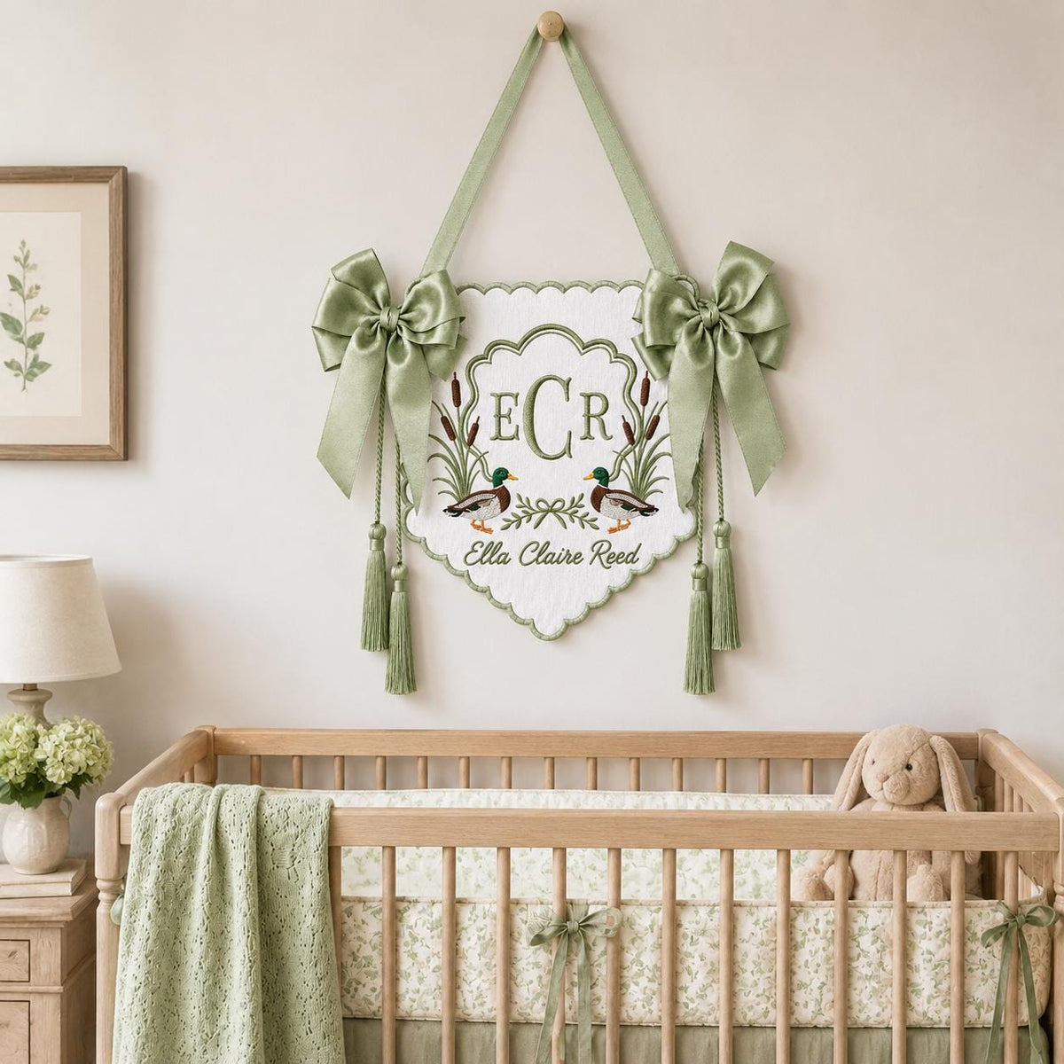 Embroidered Duck Baby Banner, Custom Name Nursery Sign with Tassels, Baby Shower Gift for Boy, Hospital Đoor Hanger Boy, Baby Banner