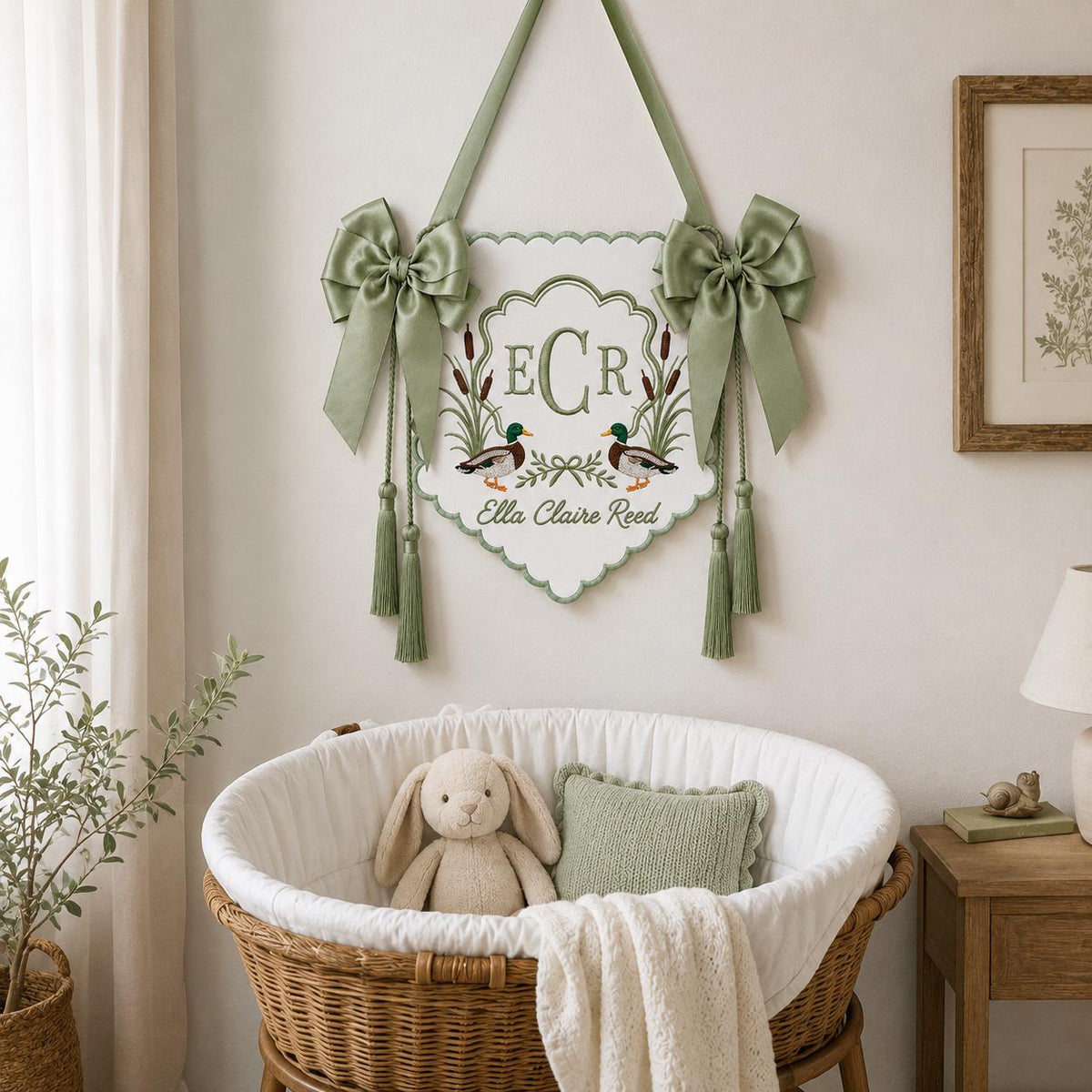 Embroidered Duck Baby Banner, Custom Name Nursery Sign with Tassels, Baby Shower Gift for Boy, Hospital Đoor Hanger Boy, Baby Banner