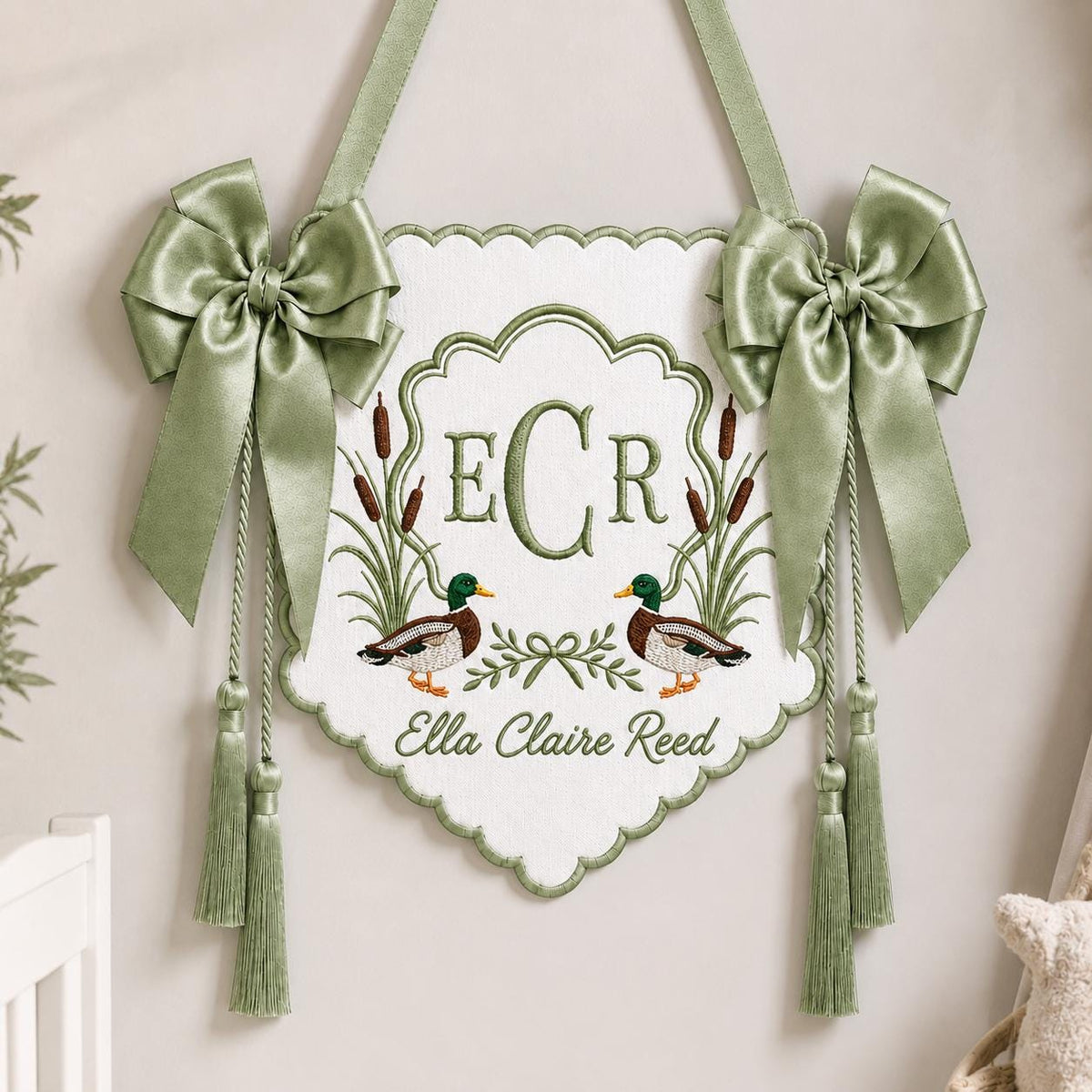 Embroidered Duck Baby Banner, Custom Name Nursery Sign, Baby Shower Gift, Hospital Door Hanger