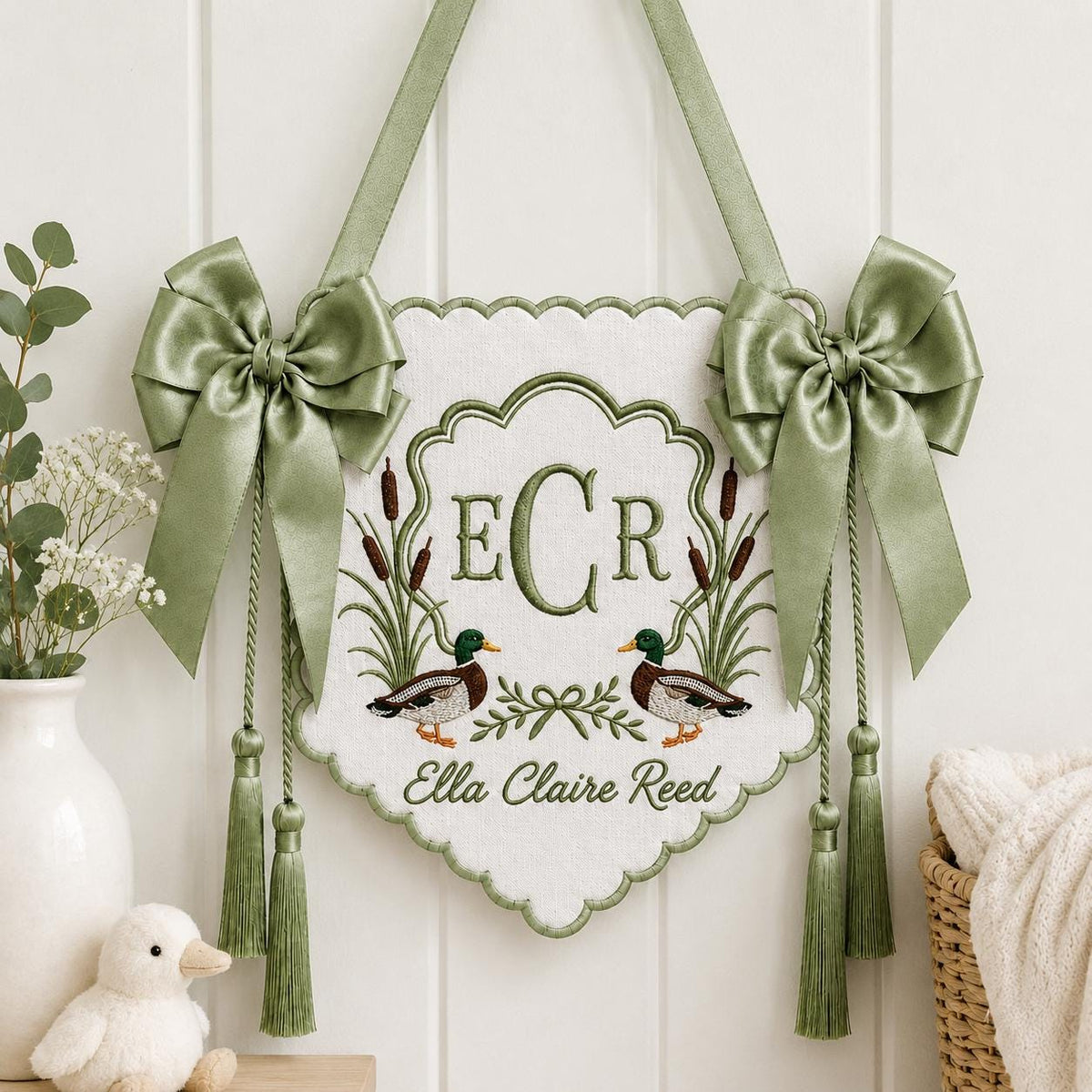 Embroidered Mallard Duck Baby Banner, Custom Newborn Announcement Sign, Hospital Bassinet Decor, Birth Stats Sign, Duck Nursery Baby Gift