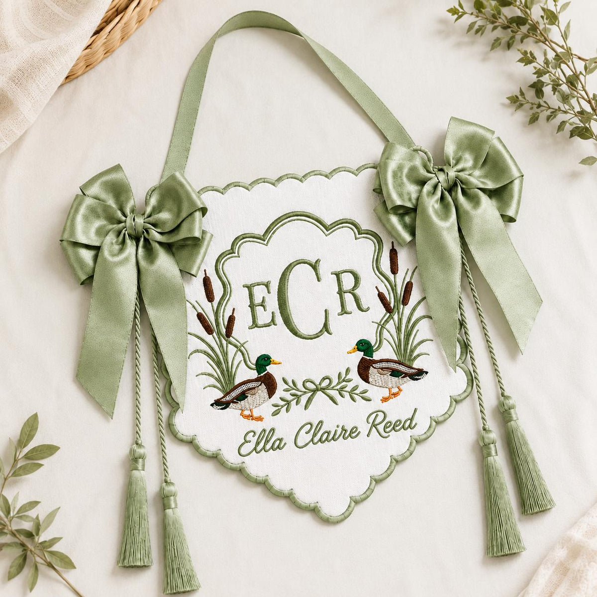 Embroidered Mallard Duck Baby Banner, Custom Newborn Announcement Sign, Hospital Bassinet Decor, Birth Stats Sign, Duck Nursery Baby Gift