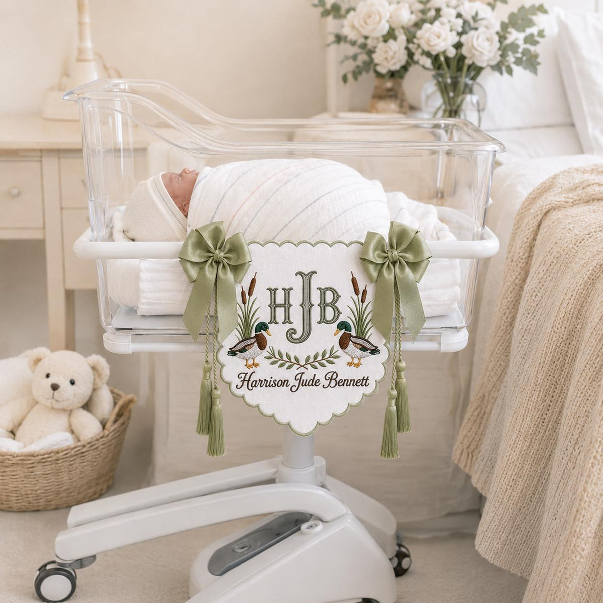 Personalized Baby Bassinet Banner, Embroidered Duck Name Sign, Custom Monogram Hospital Crib Decor, Custom Nursery Keepsake