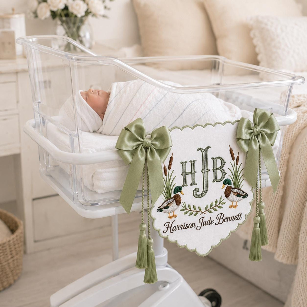 Personalized Baby Bassinet Banner, Embroidered Duck Name Sign, Custom Monogram Hospital Crib Decor, Custom Nursery Keepsake