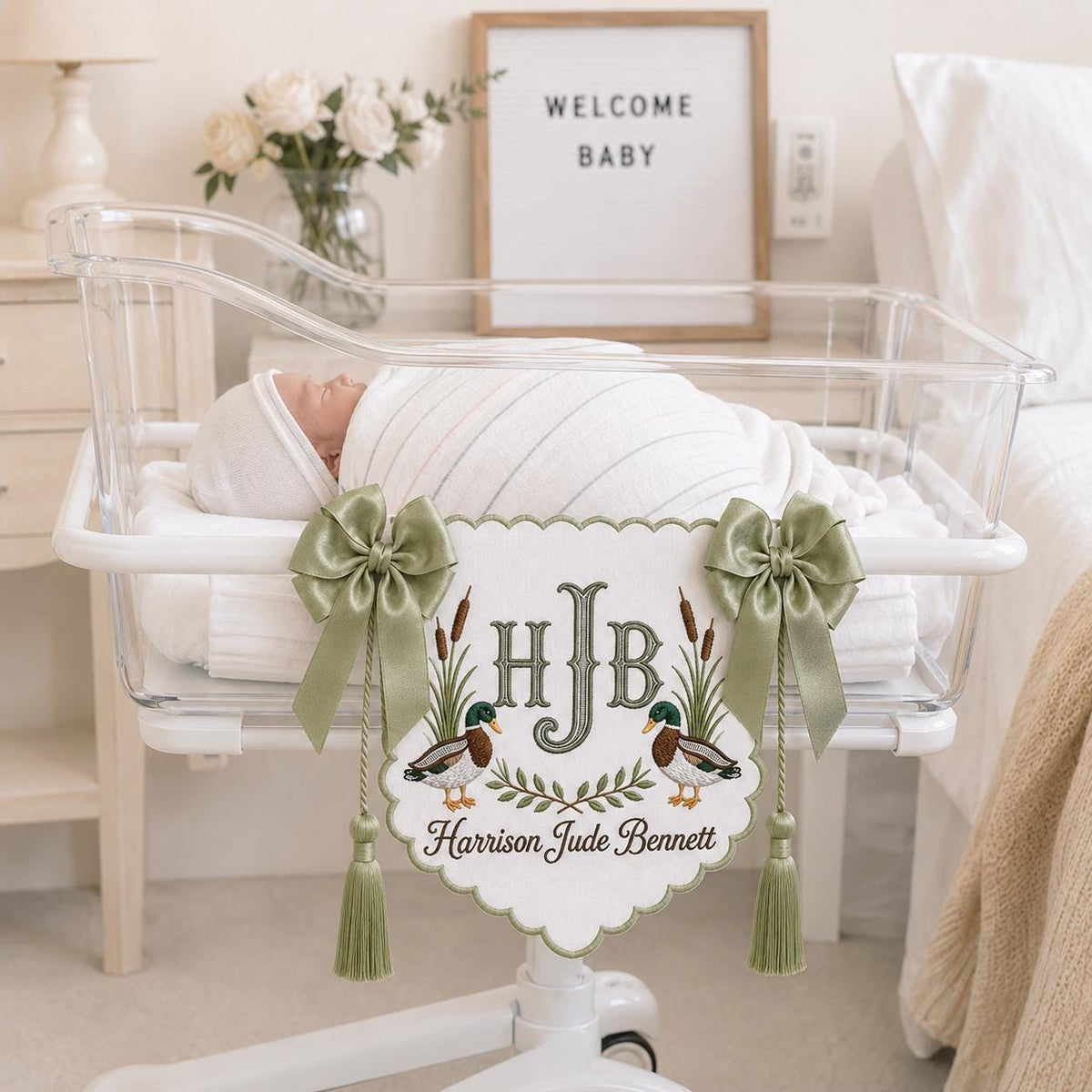 Personalized Baby Bassinet Banner, Embroidered Duck Name Sign, Custom Monogram Hospital Crib Decor, Custom Nursery Keepsake